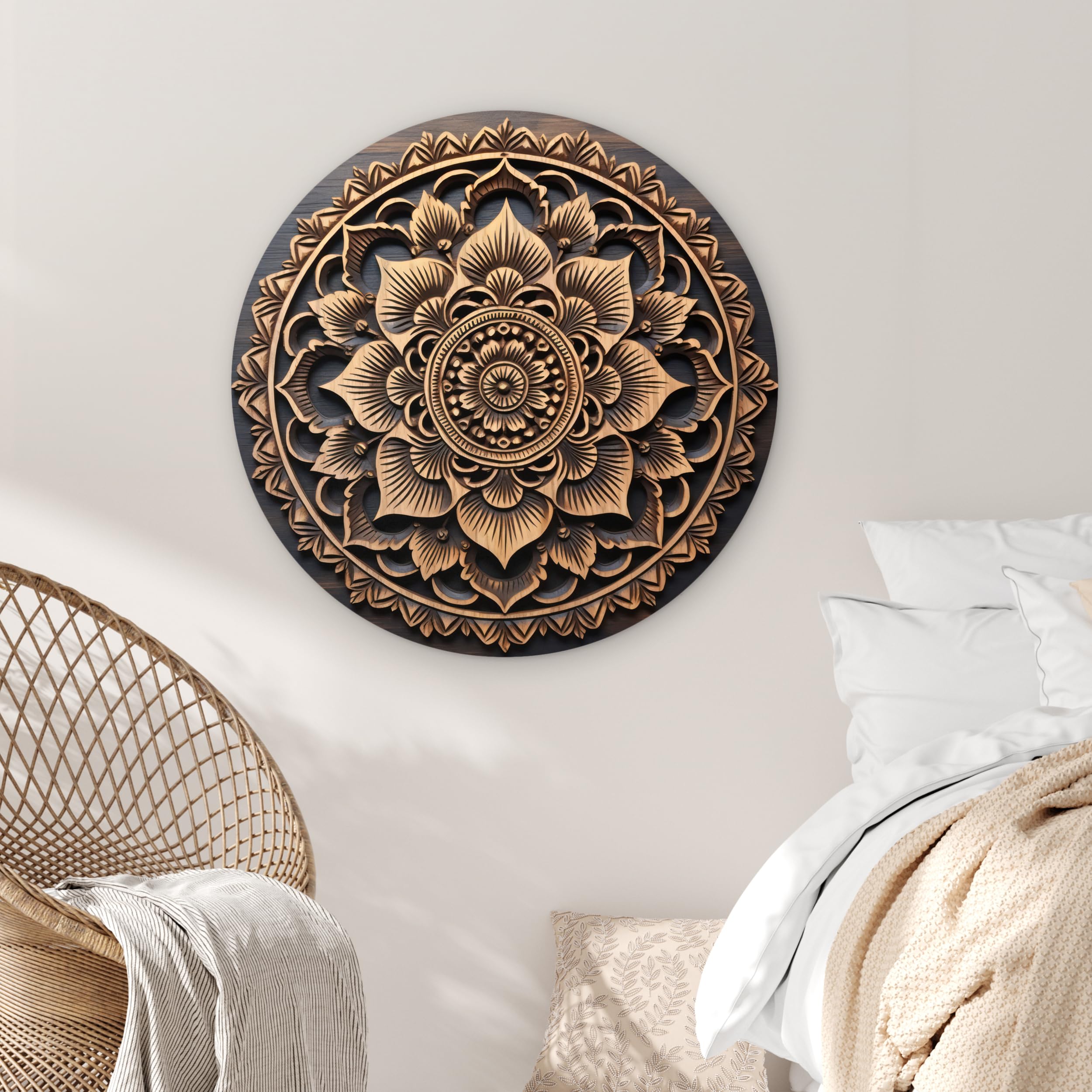 MuchoWow© Quadro Rotondo Ø90 cm Salotto Ufficio Cuadro Moderne Finestre Design Murale Bedroom Stanza Fiori Natura Soggiorni Grande Pareti Mandala - Legno - Marrone