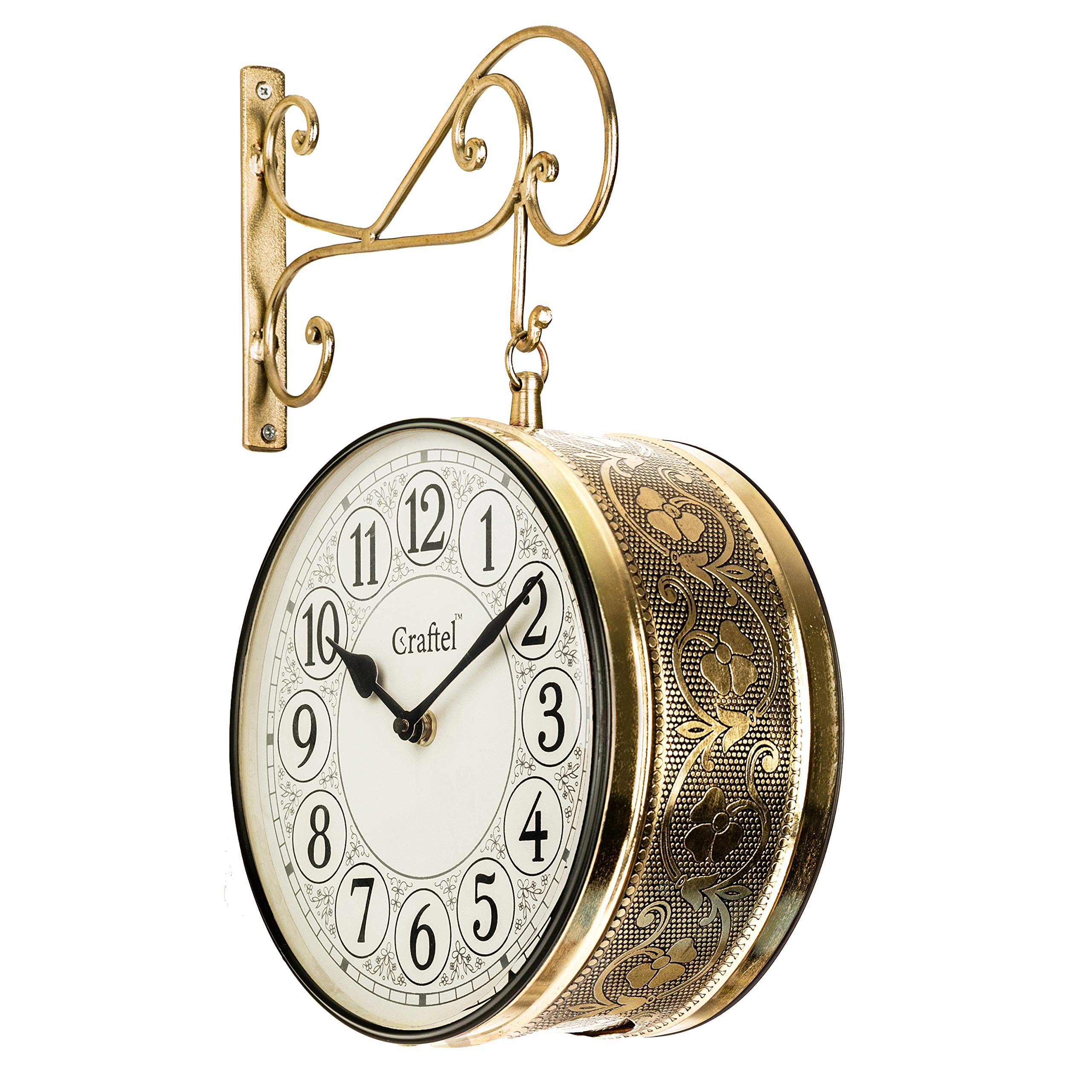 CRAFTEL Metal Analog Double Sided Vintage Station Wall Clock for Home (Shiny Gold_10 Inches)