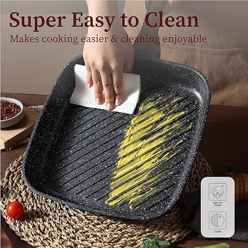 Miniatura 6 de CAROTE Sartén antiadherente de 11 pulgadas para carne, revestimiento antiadherente de granito premium, sartén cuadrada para parrilla, para uso en