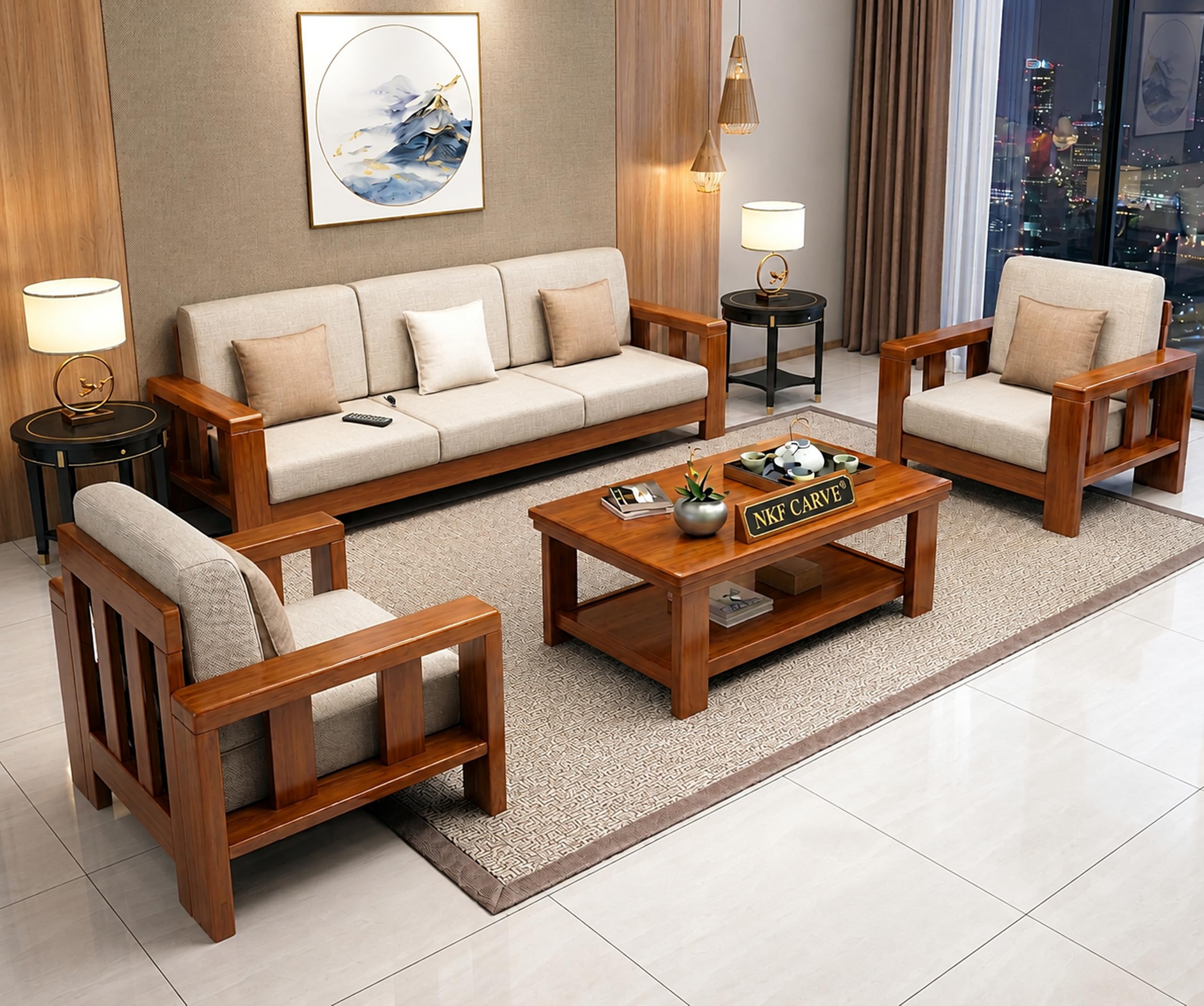 NKF CARVE Wooden Sofa Set 5 Seater With Center Table | Solid Sheesham Wood 5 Seater Sofa Set For Living Room | 5 Seater Sofa Set | Sofa Set With Coffee Table, (Sheesham Wood Honey Finish), Brown-image-35