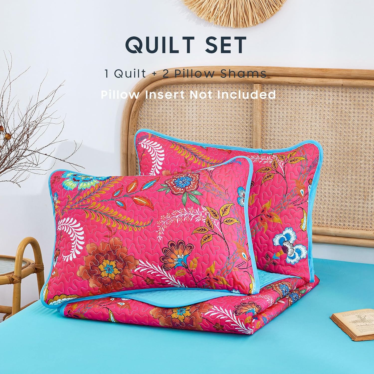 Wake In Cloud - Boho Quilt Set, Floral Bohemian Chic Country Botanical Colorful Funky Flower Pattern, Reversible Lightweight Bedspread Coverlet, 3 Pieces, Pink Teal, Queen/Full Size