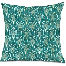 Turquoise Green and Gold Art Deco Abstract Pillow Covers 18x18, Art Nouveau Decor, Boho Modern Aesthetic Fanshaped Decorative Throw Pillow Covers for Bedroom Living Room Home