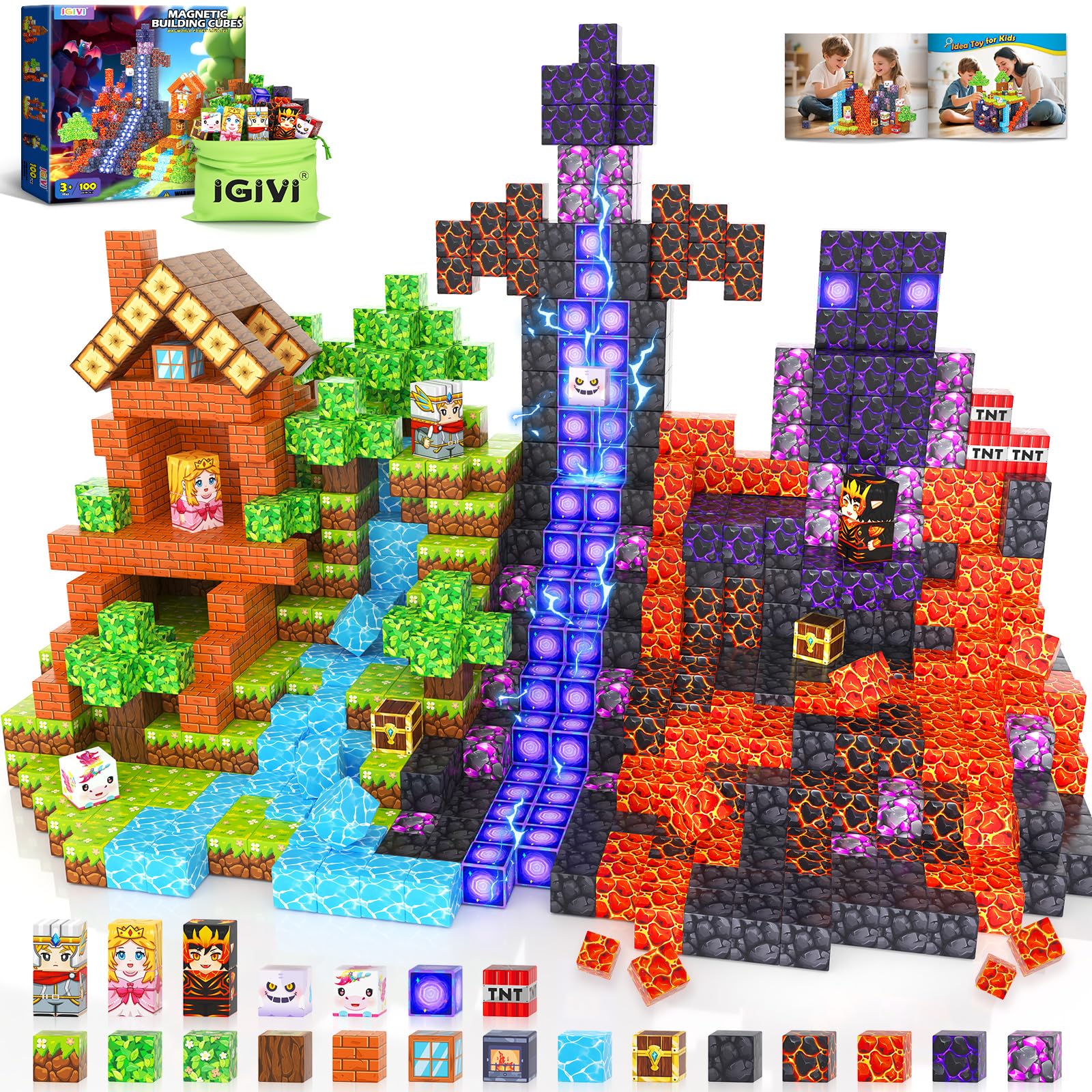 Bloques magnéticos: Build Mine 3D Magworld Forest Lava Set, bloques de construcción magnéticos STEM para niños de 4 a 6 años, 6 a 8 y 8 a 12 años, juguetes sensoriales educativos para niños pequeños