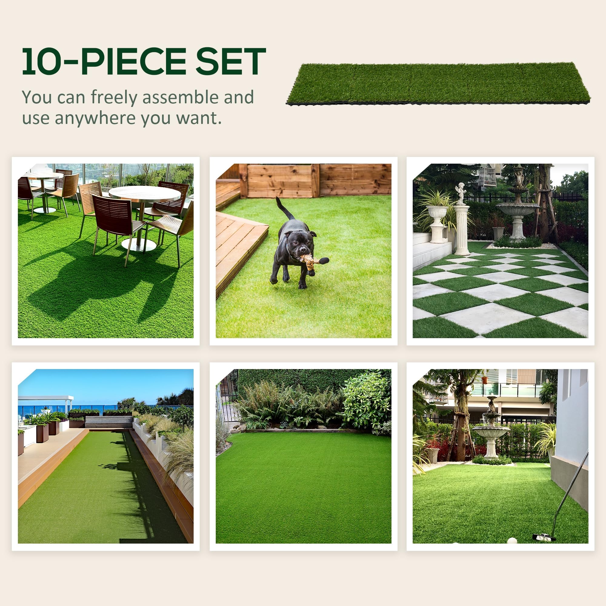 Outsunny Tappeto erboso sintetico artificiale Set di 10 piastrelle 30 x 30 cm spessore comfort 3 cm ad incastro verde