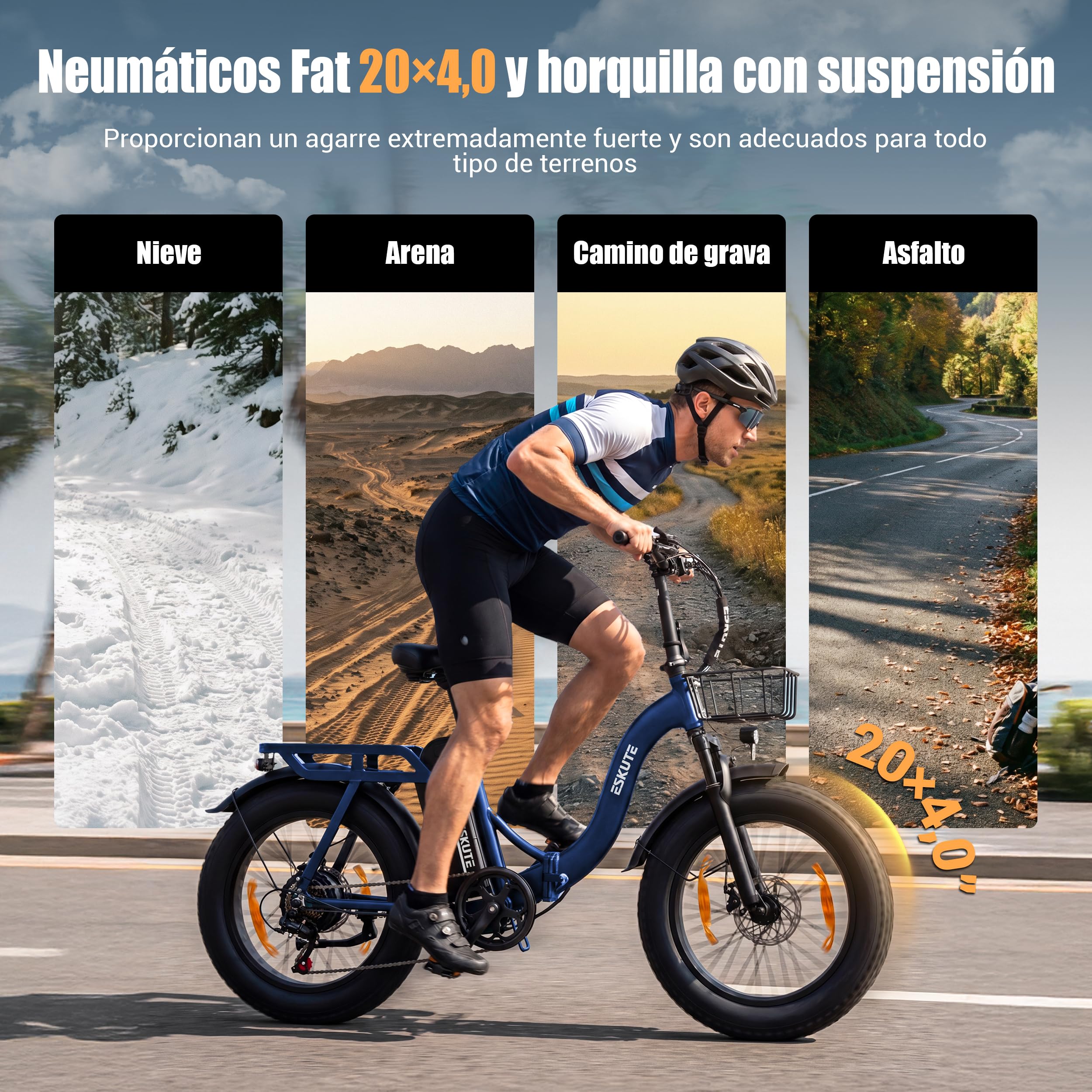 ESKUTE Bicicleta Eléctrica Plegable para Adultos D202 Pro, Fat Bike 20×4.0 con Cesta Delantera, Batería Extraíble 48V 20,8Ah, Motor 250W, hasta 100KM