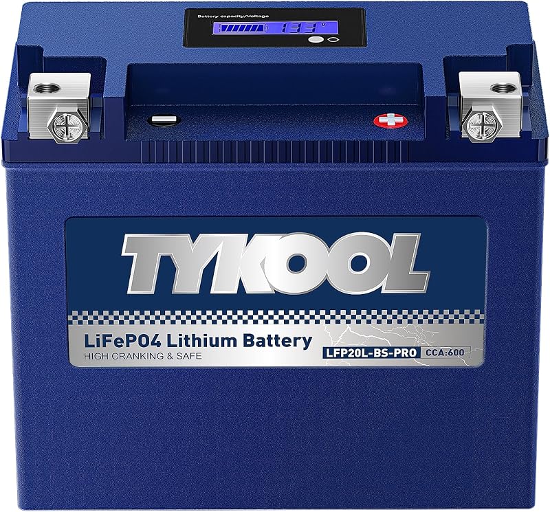 TYKOOL LFP20L-BS-PRO Lithium Motorcycle Battery, Replaces GYZ20L GYZ20HL YTX20HL-BS, 600CCA 12Ah Fits for Harley Softail Fatboy,Dyna,Sea-Doo 1500cc GT Series Yamaha 1800cc, Digital Readout