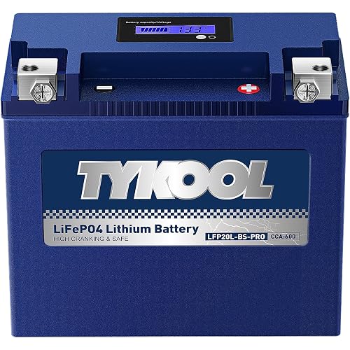 TYKOOL LFP20L-BS-PRO Lithium Motorcycle Battery, Replaces GYZ20L GYZ20HL YTX20HL-BS, 600CCA 12Ah Fits for Harley Road Glide Street Glide Softail,Sea-Doo 1500cc GT Series Yamaha 1800cc, Digital Readout