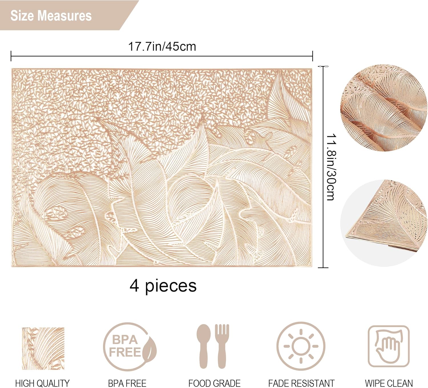 fanquare Gold Rectangle Placemats Pressed Vinyl Leaf Pattern Washable Place Mats for Wedding Non-Slip Elegant Dinning PVC Table Mats Easy to Clean