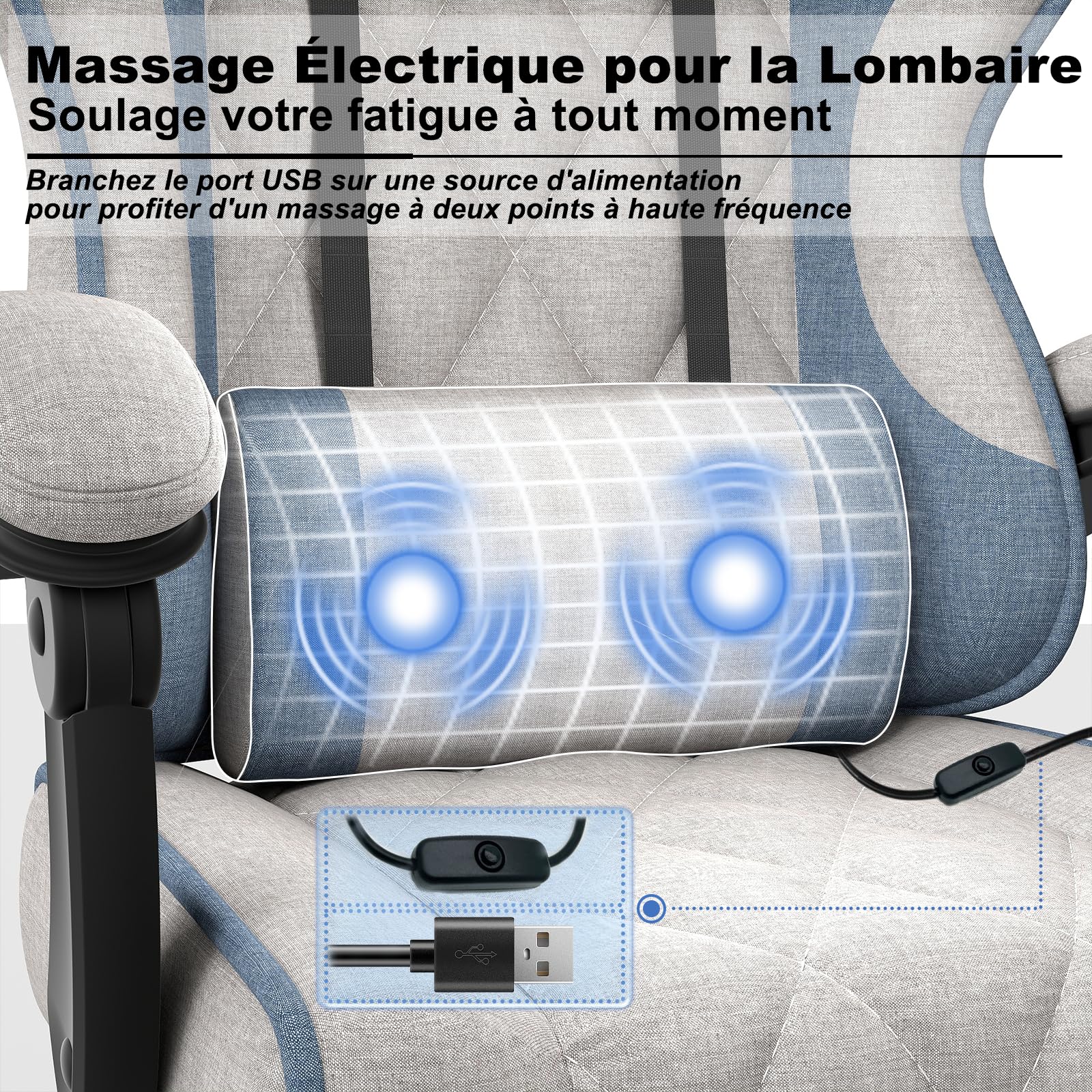 TRIUMPHKEY Chaise de Jeu & Bureau en Tissu | Chambre/Salle de Jeu, Coussin Lombaire Massage USB, Reposes-Bras Sync, Repose-Pieds Rétractable, 360° Pivot, 90-135° Inclinaison, 150KG (Blanc)