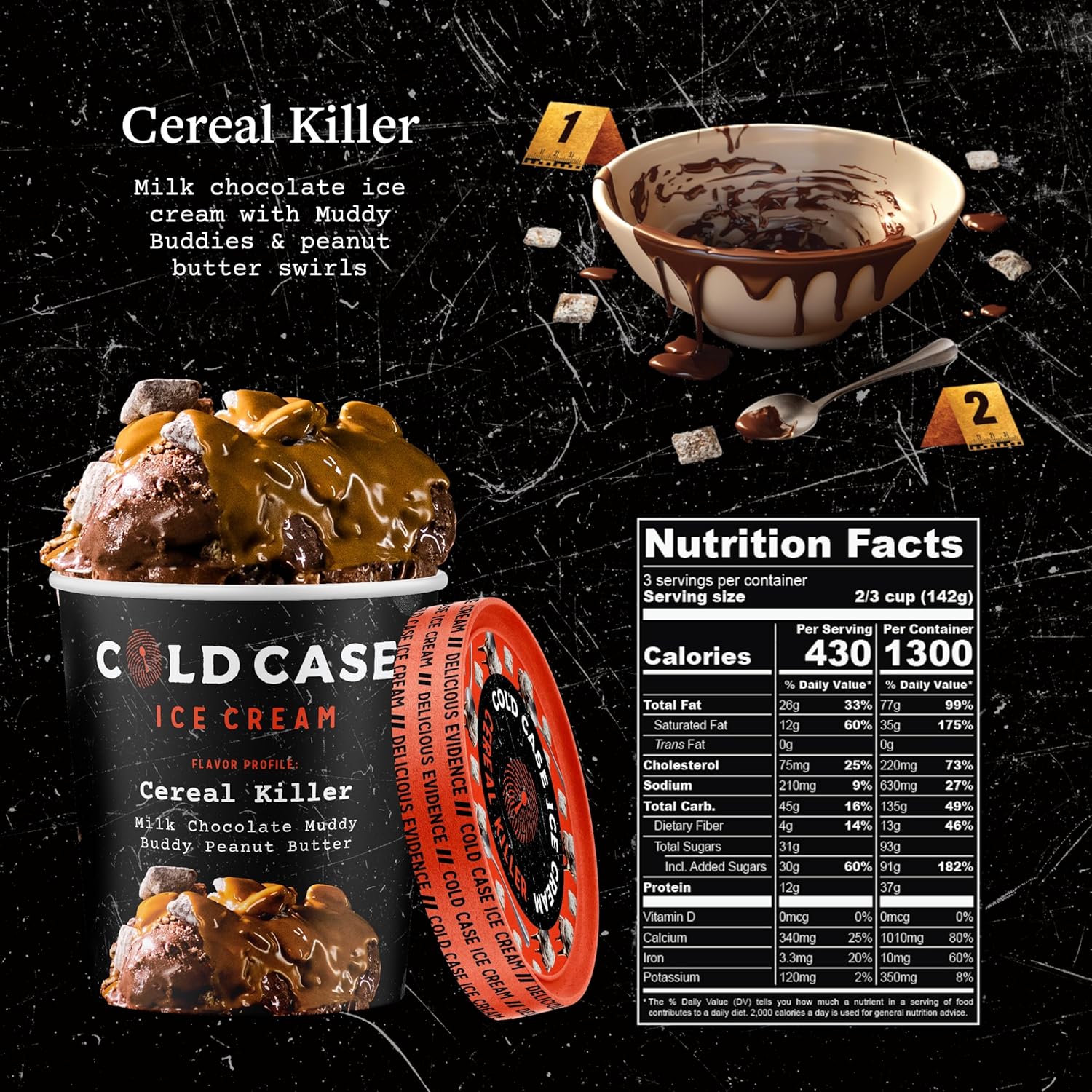 Cold Case Ice Cream Cereal Killer Flavor - Gourmet Milk Chocolate Ice Cream with Muddy Buddies & Peanut Butter Swirls - 1 Case, 6 Pints,16 oz/Pint (Frozen)