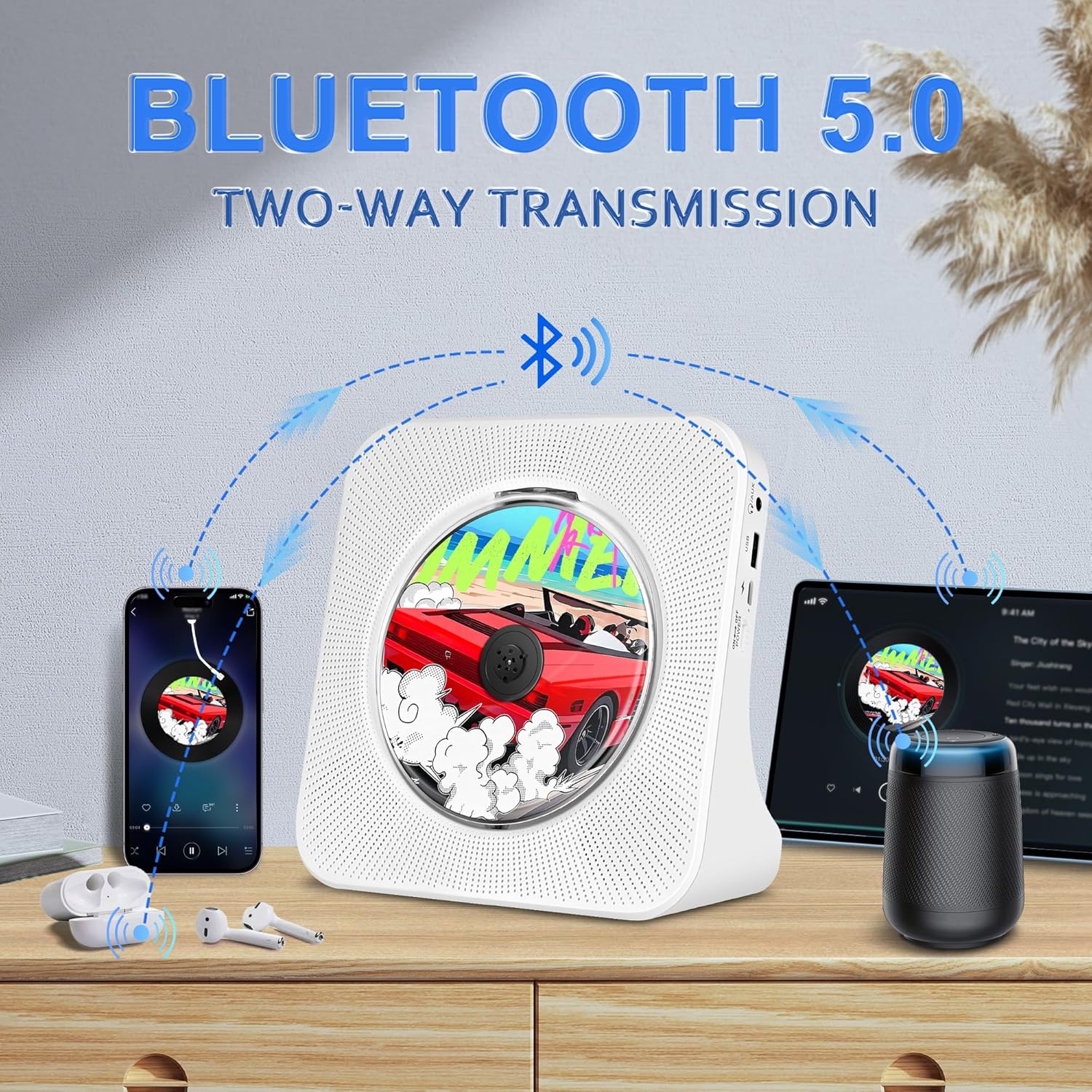 CD Players for Home Portable with Built in HiFi Speakers/Bluetooth/Headphones Jack/USB Input/Timer/FM Radio Small CD Player for Car, Retro White Audio Music Player