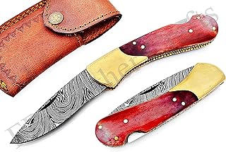 FB LEATHER CRAFTS Handmade Damascus Steel Pocket Folding Knife/Pocket Knife FBK-18796 New Year Gift, Gift for Brother, Gift of Father (Red Colored Bone)