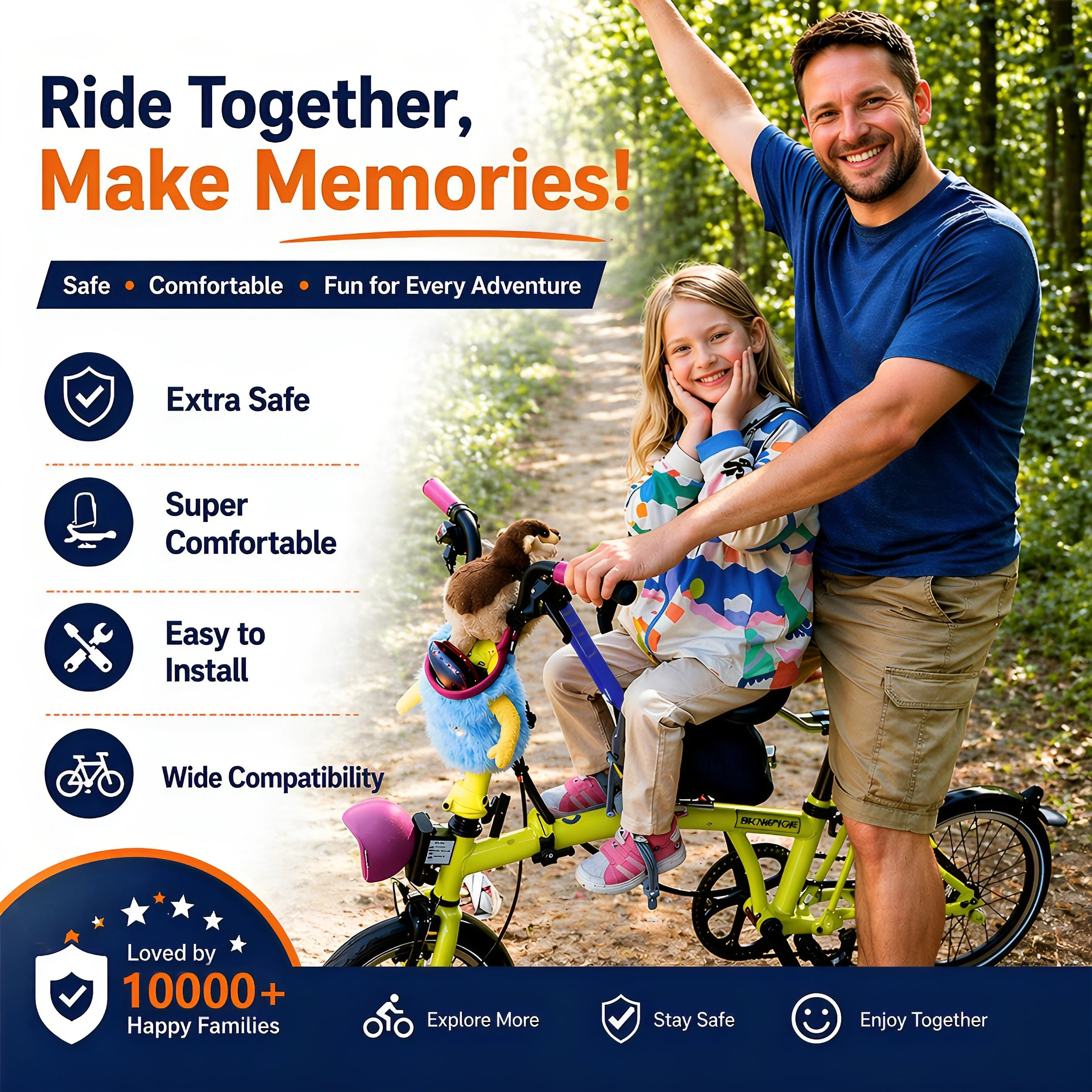 UrRider Fotelik rowerowy dla dzieci, montowany z przodu, pasuje do rowerów górskich, cruiserów, rowerów składanych, ultralekki, przenośny, bez narzędzi, szybkie zapięcie, fotelik rowerowy dla malucha