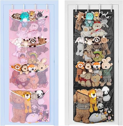 Paquete de 2 organizadores de juguetes de peluche colgantes de color rosa y negro, sobre la puerta, accesorios para bebé, idea para guardería, bolsa