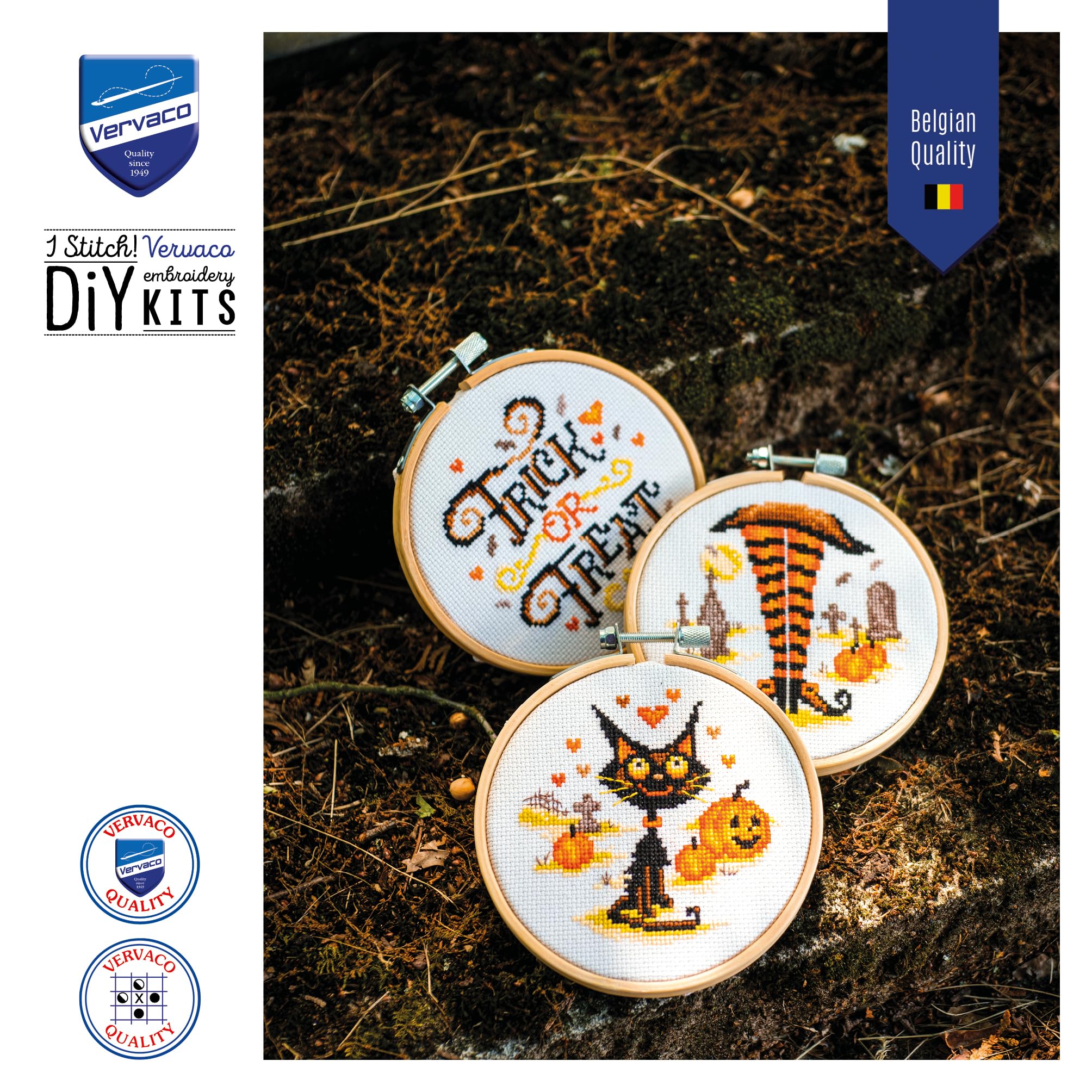 Kreuzstich Stickpackung Halloween 3er Set mit Stickrahmen, Zählmuster, 10x10cm