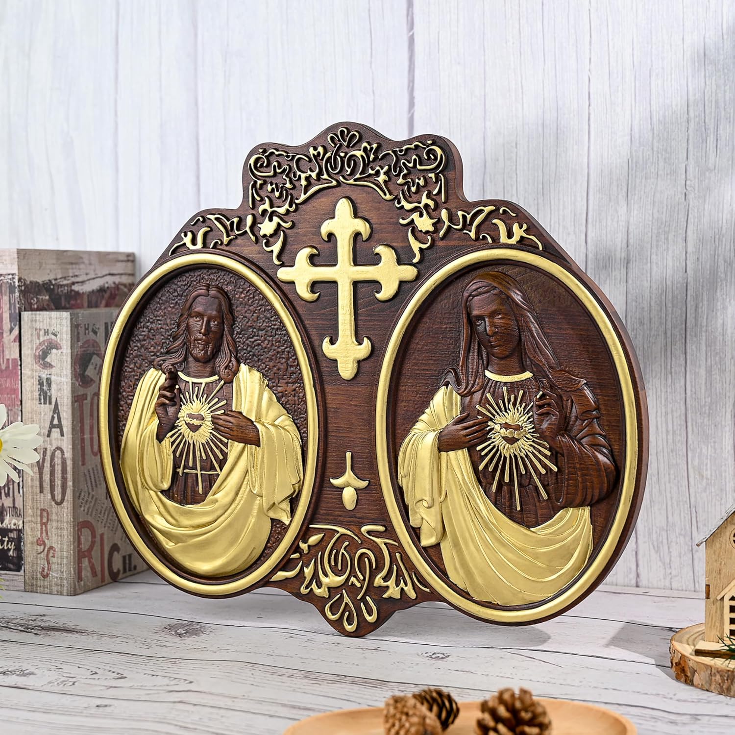 bgcarpenter Sacred Heart of Jesus Wall Decor Immaculate Heart of Mary Wall Art Religious Plaque Jesus Mary Statue 16 Inch