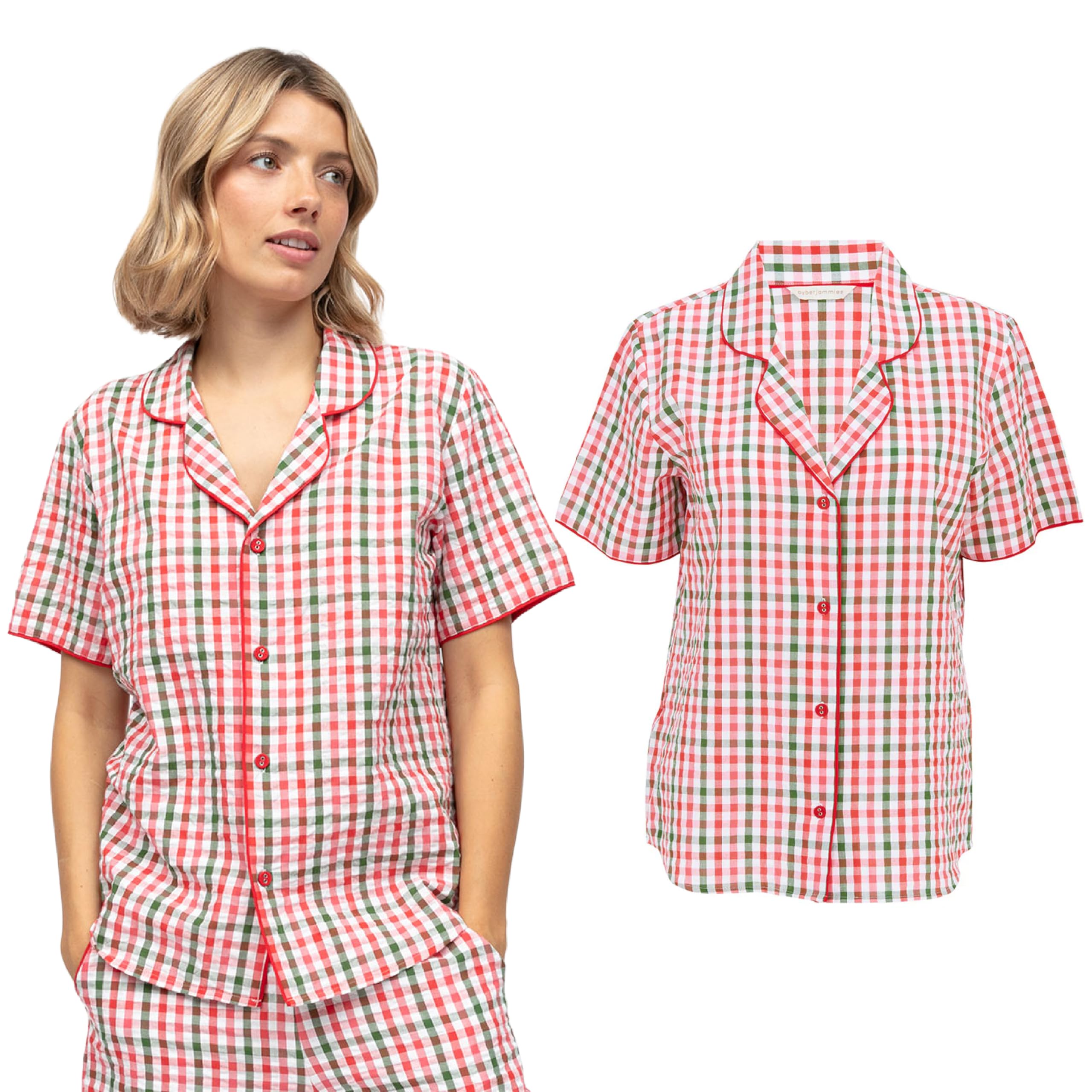 Cyberjammies Women's Tara Seersucker Tara Seersucker Check Pyjama Top | 100% Cotton Pyjamas | Lightweight Pjs | Breathable Lounge Wear