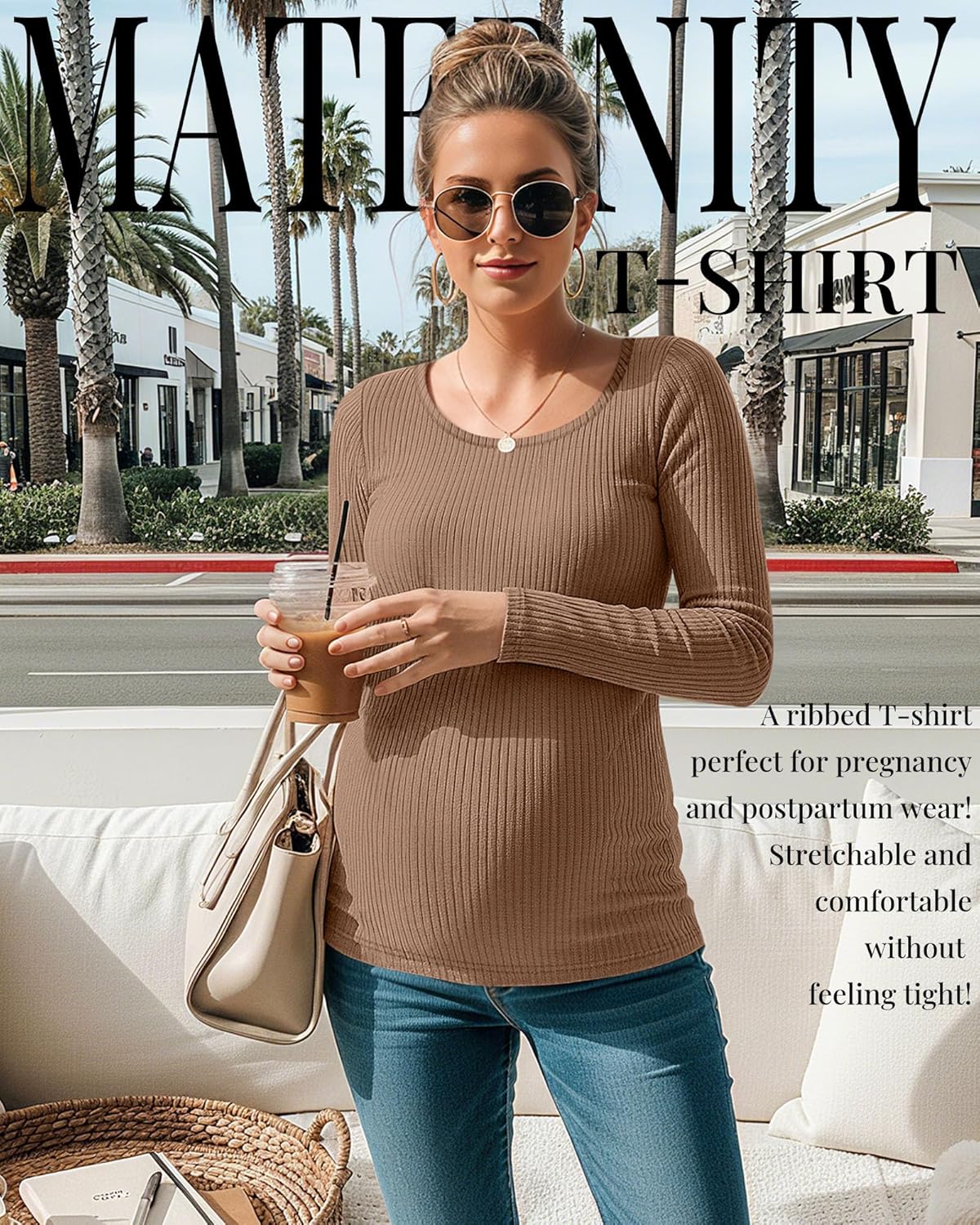 3 Pack Women's Maternity Shirts Long Sleeve Ribbed Round Neck Pregnancy Tops Casual Basic Tee Maternity Clothes - Image 2