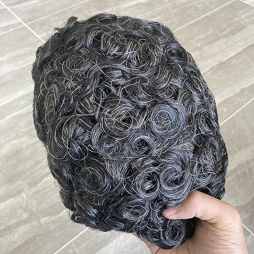 SIMBEAUTY Toupee de pelo humano rizado Remy indio para hombre 10x8 pulgadas con sistema de cabello para hombre, peluca de reemplazo (#1B20 (Negro