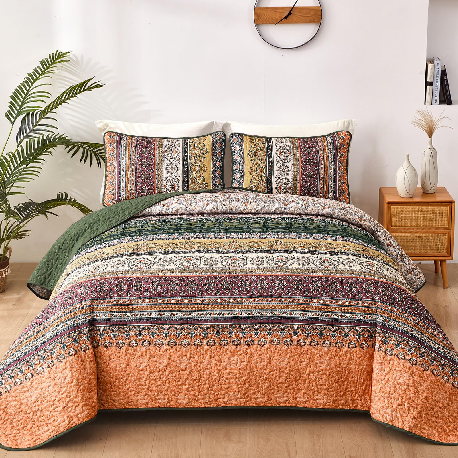 WONGS BEDDING Boho King Quilt Set, Green and Orange Bohemian Quilt Bedding Set, Fall Lightweight Bed Decor Bedspread for All Season Reversible