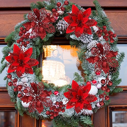 Miniatura 7 de 60 tallos de bayas artificiales con purpurina de 4 estilos, flores de Pascua artificiales de Navidad, adornos de árbol de Navidad, adornos de árbol