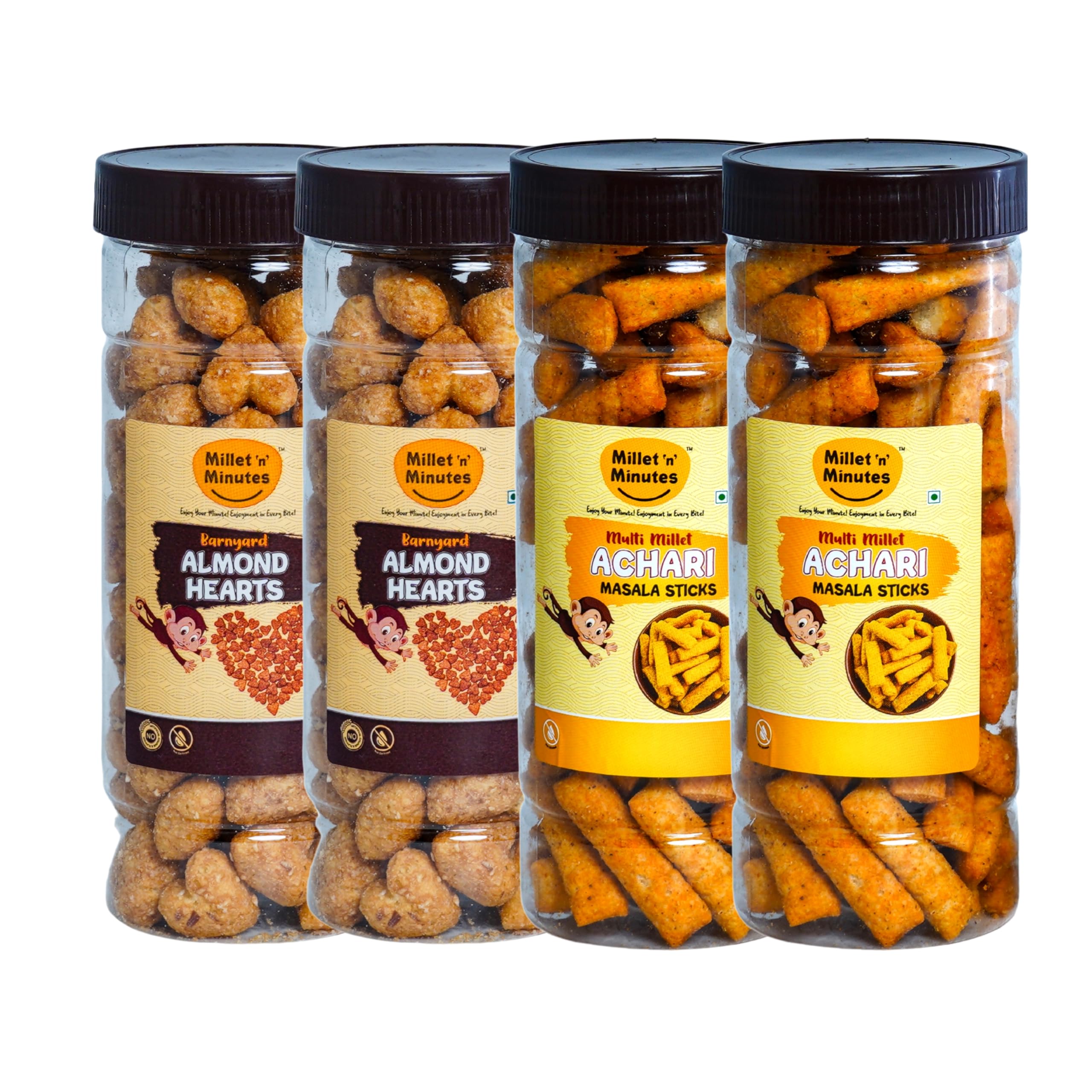 Millet 'n' Minutes Almond Hearts and Achari Masala Sticks Combo Pack, 4 Jars, Traditional Indian Snacks, Golden Brown-image-47