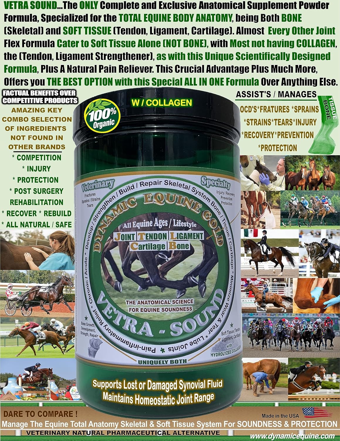 VETRA-Sound. The Only and Uniquely Different, Veterinary Complete Skeletal Joint/Body Formula, for Both Bone Soft Tissue Horses. Any Lifestyle & Professional Discipline Use.
