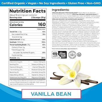 Orgain Organic Vegan & Organic Protein + Superfoods Powders, Vanilla Bean Flavors - Plant Based Protein, Gluten Free