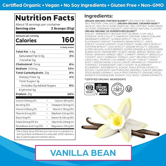 Orgain Organic Vegan & Organic Protein + Superfoods Powders, Vanilla Bean Flavors - Plant Based Protein, Gluten Free