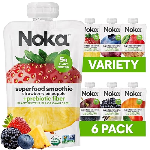 Noka Superfood - Bolsas de batidos de frutas aperitivos saludables paquete variado de 6 veganas sin gluten con semillas de lino fibra prebiótica y