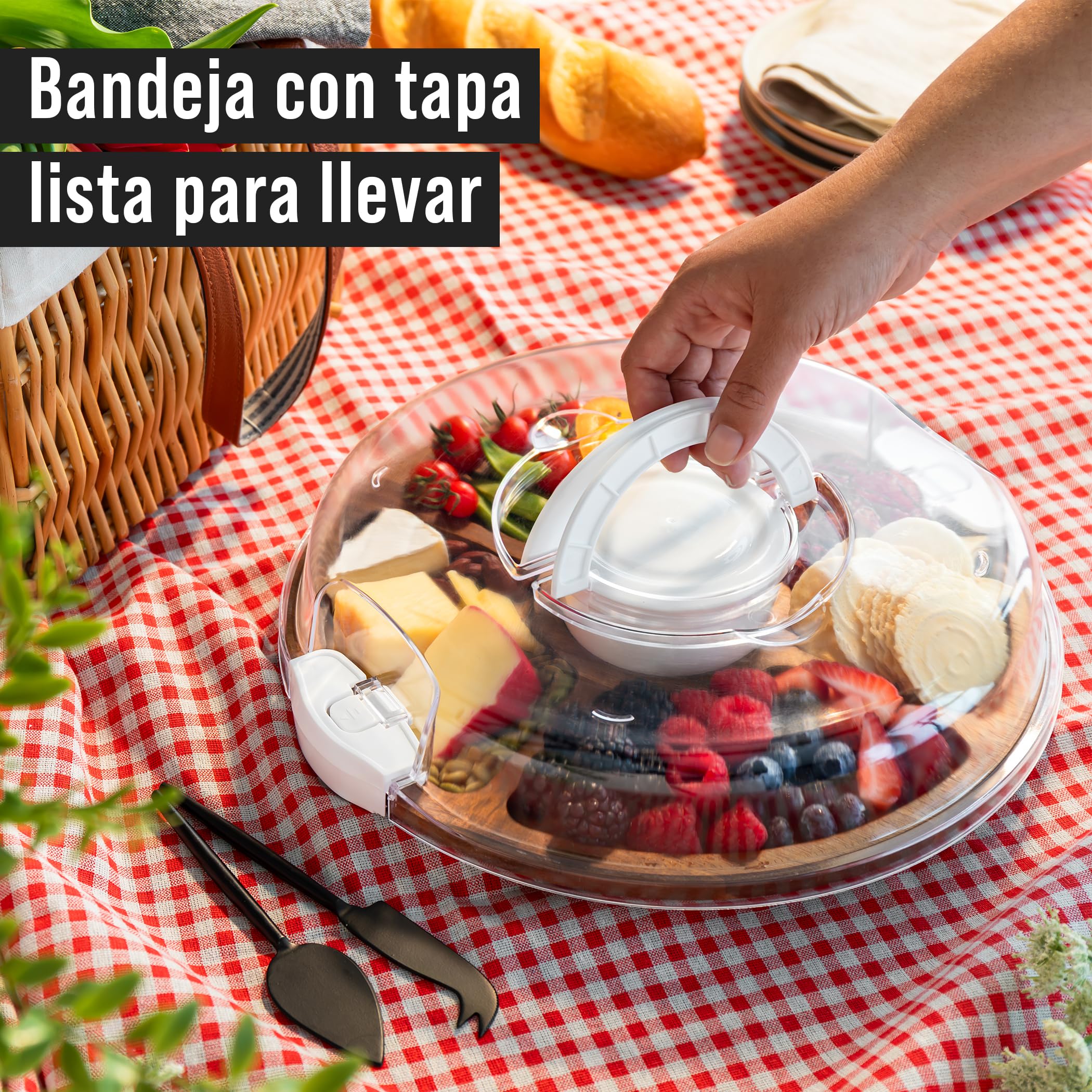 Chef Pomodoro Tabla de Quesos con Tapa (34 CM), Queseras para Guardar el Queso, Tabla para Quesos y Aperitivos, Tabla de Queso y Embutidos Madera, tabla de charcutería portátil, Redonda