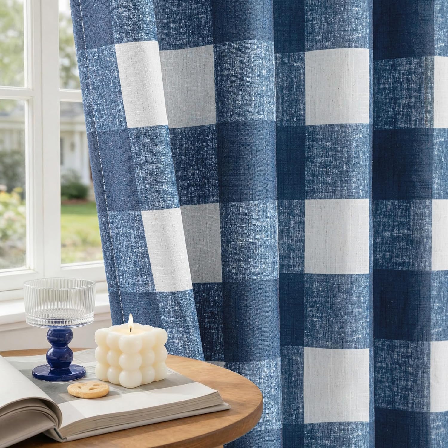 MYSKY HOME 100% Blackout Navy Blue Plaid Linen Curtains 72 inch Length Buffalo Gingham Rustic Farmhouse Double Layer Thermal Insulated Grommet Window Treatments for Living Room, W52, Pack-2