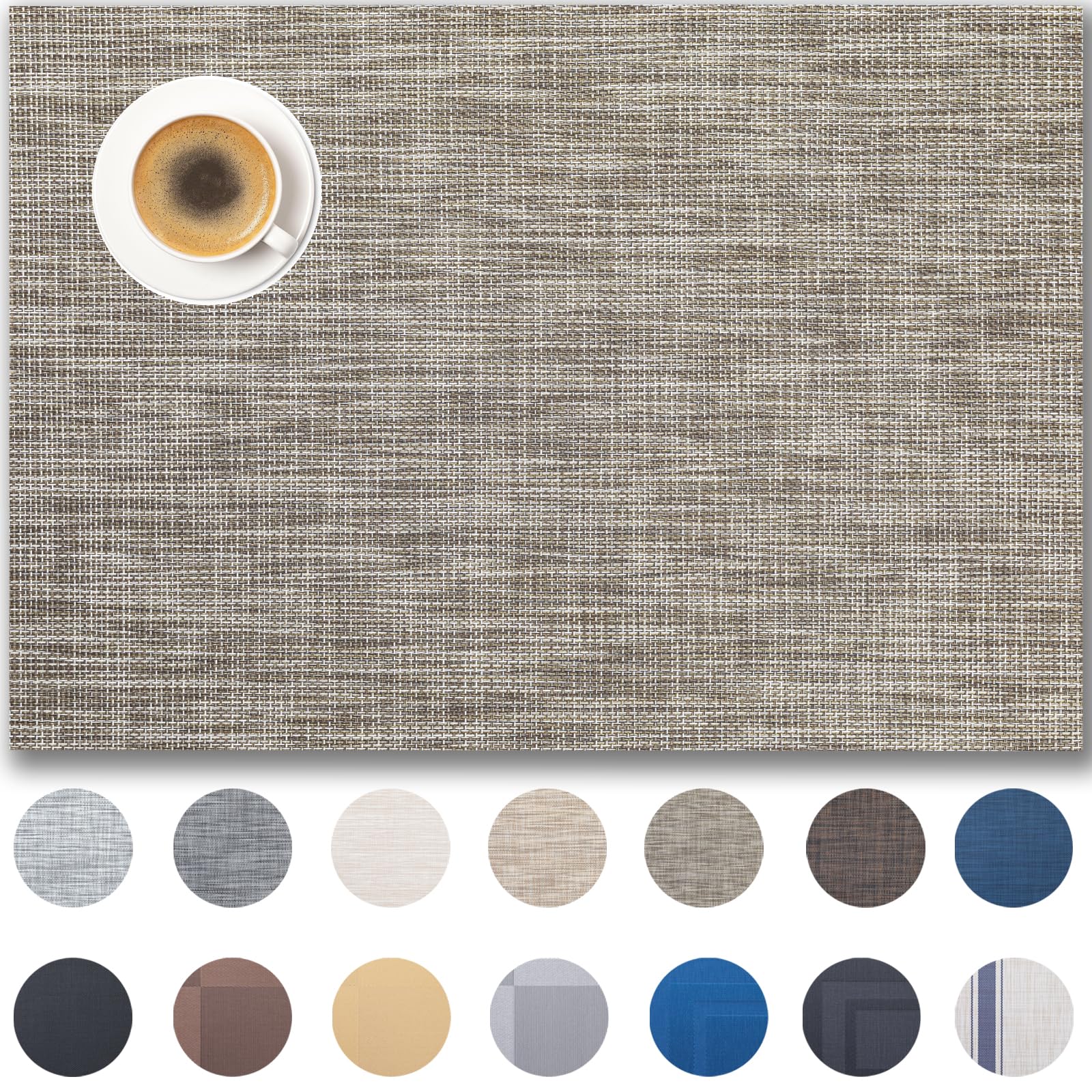 Placemats Set of 12 - Easy Clean Woven Vinyl Placemats for Dining Table, Indoor/Outdoor Place Mats, Washable PVC Table Mats（Cappuccino）