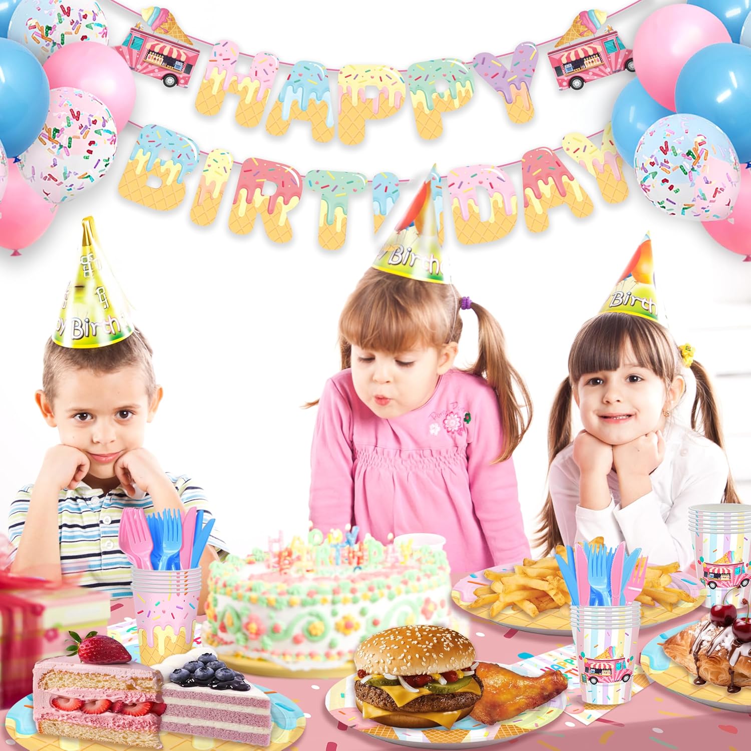 321Pcs Ice Cream Party Supplies for 50 Guests, Include Plates and Napkins, Cups, Forks, Knives with Banner, Tablecloths, Balloons, Ice Cream Theme Birthday Decorations