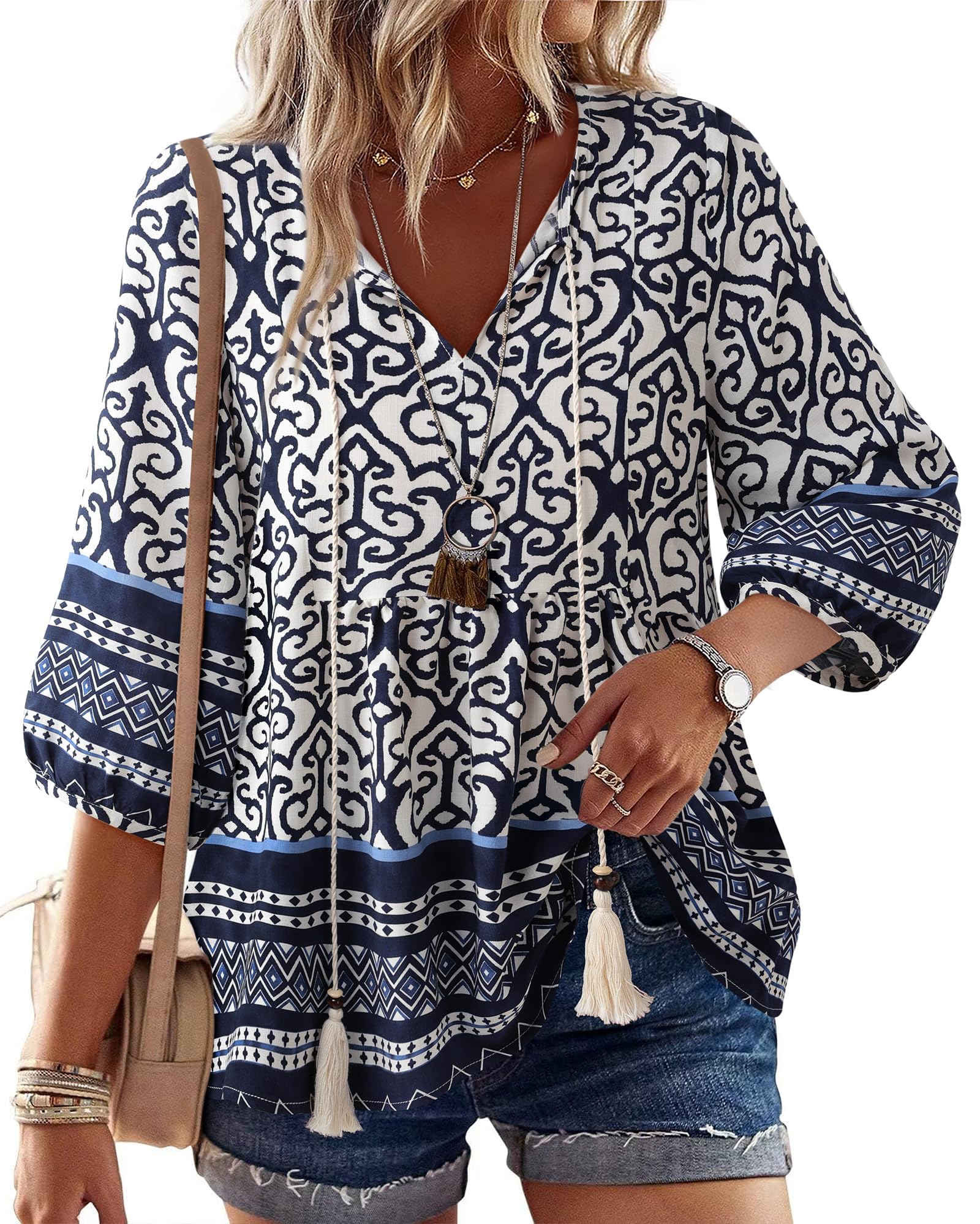 Vivilli Womens Summer Boho Babydoll Tops 3/4 Sleeve Pleated Peplum Blouses Casual V Neck Tie Front 2026 Tunic Tops