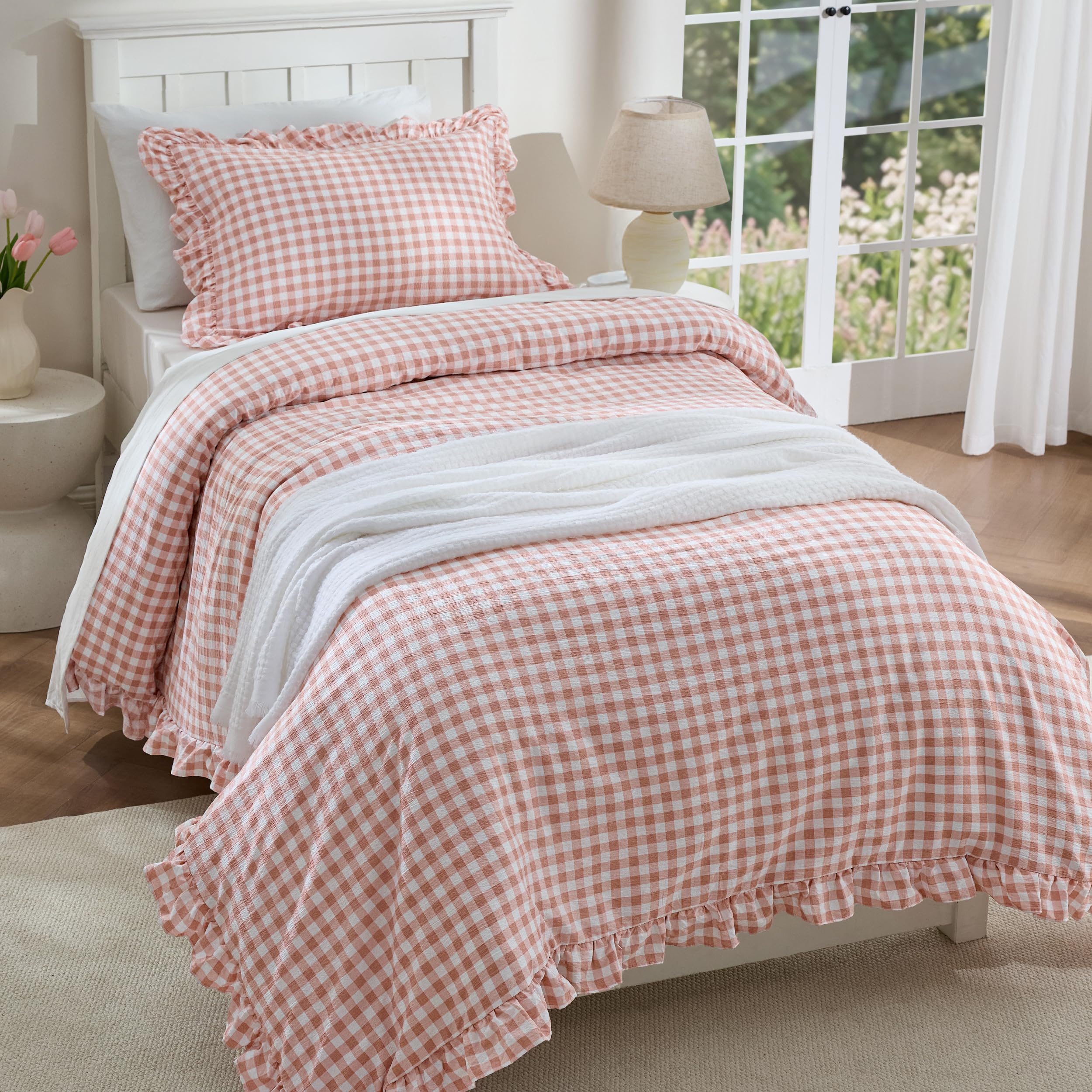 Bedsure Gingham Ruffle Duvet Cover Set, Twin, Cotton-Like Quilt Cover, Pink