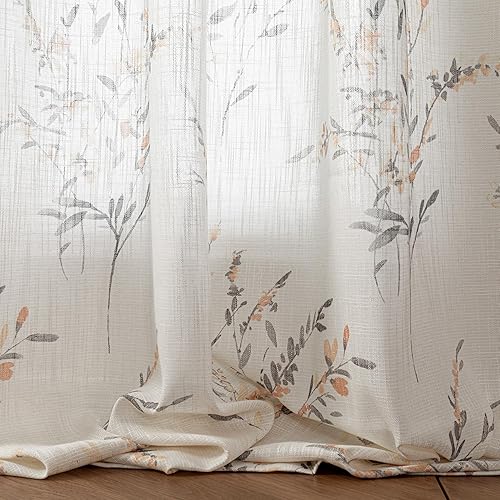 Miniatura 6 de Mysky Home Cortinas semitraslúcidas para sala de estar, 95 pulgadas de largo, aspecto de lino, florales, filtran la luz, para ventana, campo