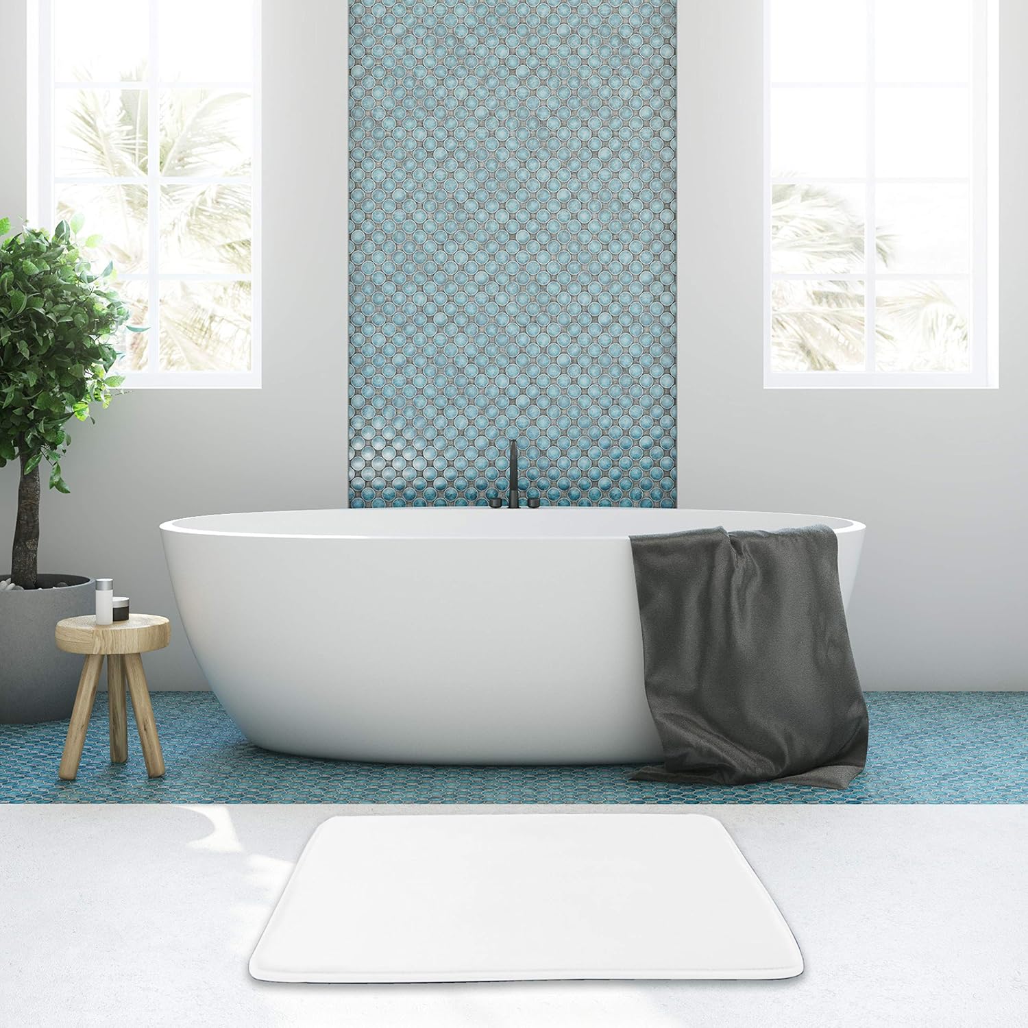 BIGFOOT Memory Foam Bath Mat 17 x 24 for Tub and Shower, Water Absorbent Non-Slip Bathroom Rug with Soft Velvet Top Layer, Thick Cushioning Foam with PVC Dot Bottom Layer Keeps Floors Dry, White