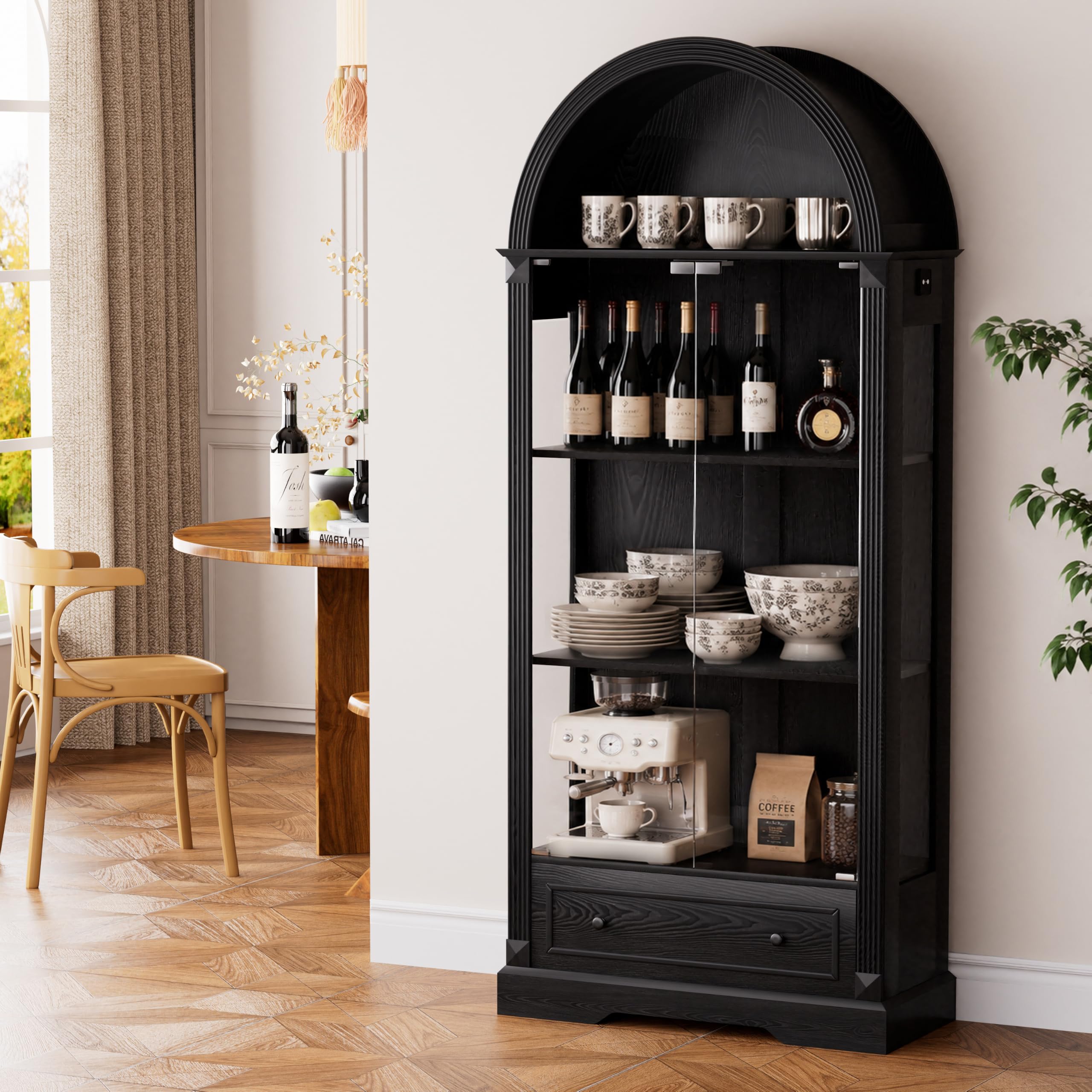 Vitrine mit Bogenform 180 cm mit Glastüren und LED-Beleuchtung schwarz