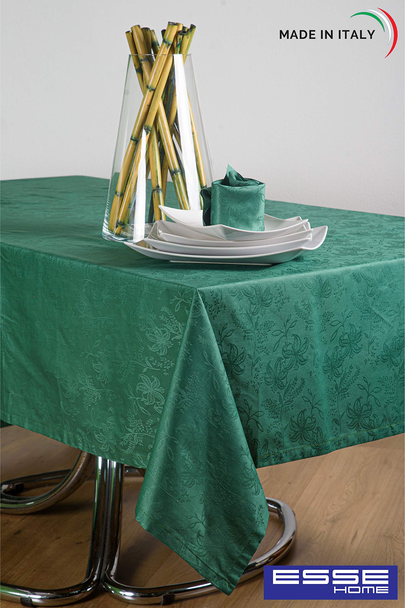 ESSE HOME - Confestyl – Tovaglia con 12 tovaglioli (Servizio Tavola) – Rettangolare - Fiandra Jacquard Puro Cotone - Made in Italy – Prodotto Artigianale - Iris 598 (170x270, Servizio Verde Scuro)
