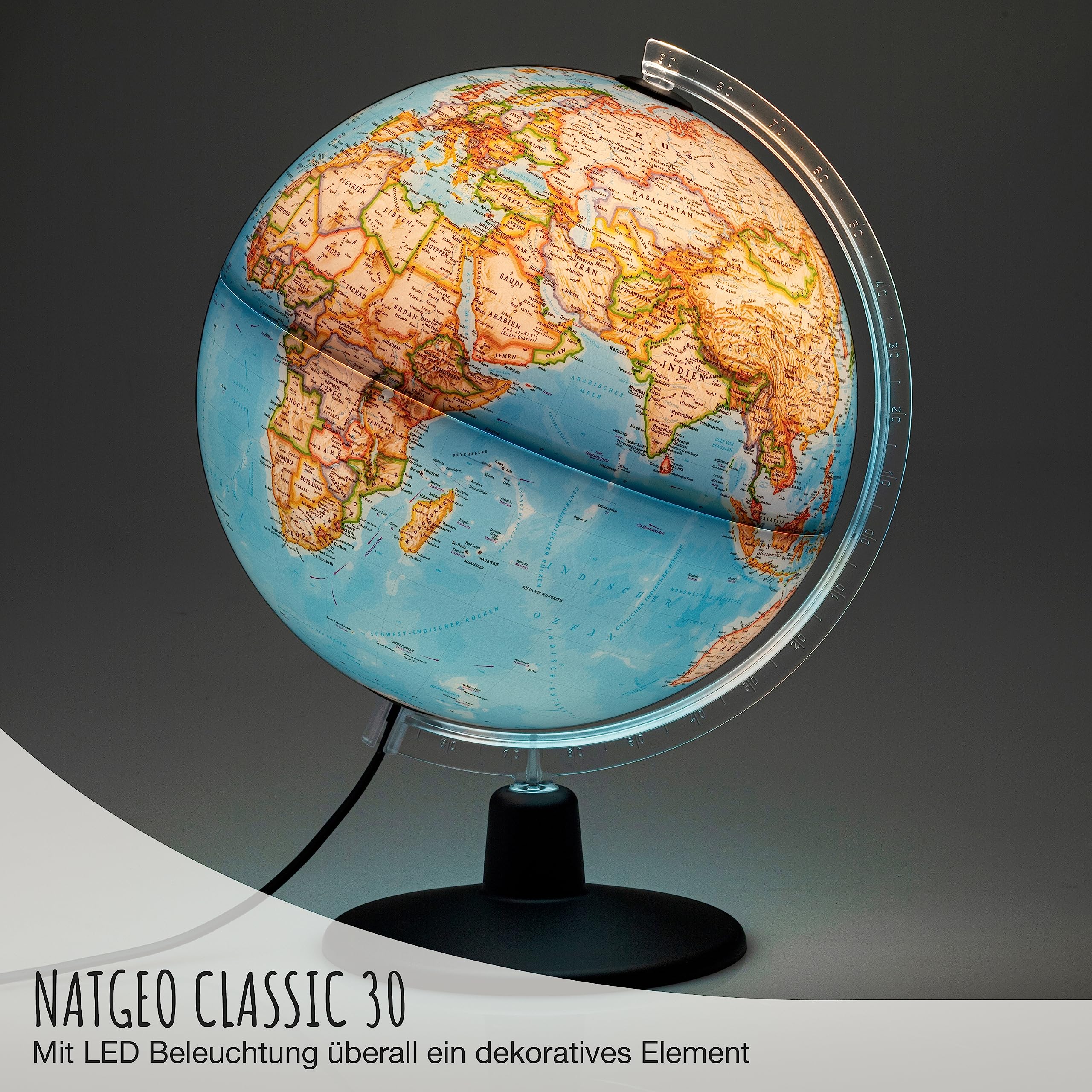 National Geographic NATGEO Classic Leuchtglobus - 30 cm Globus mit politisch-physischer Kartografie in deutscher Sprache, beleuchtet und mit drehbaren Kunststofffuß