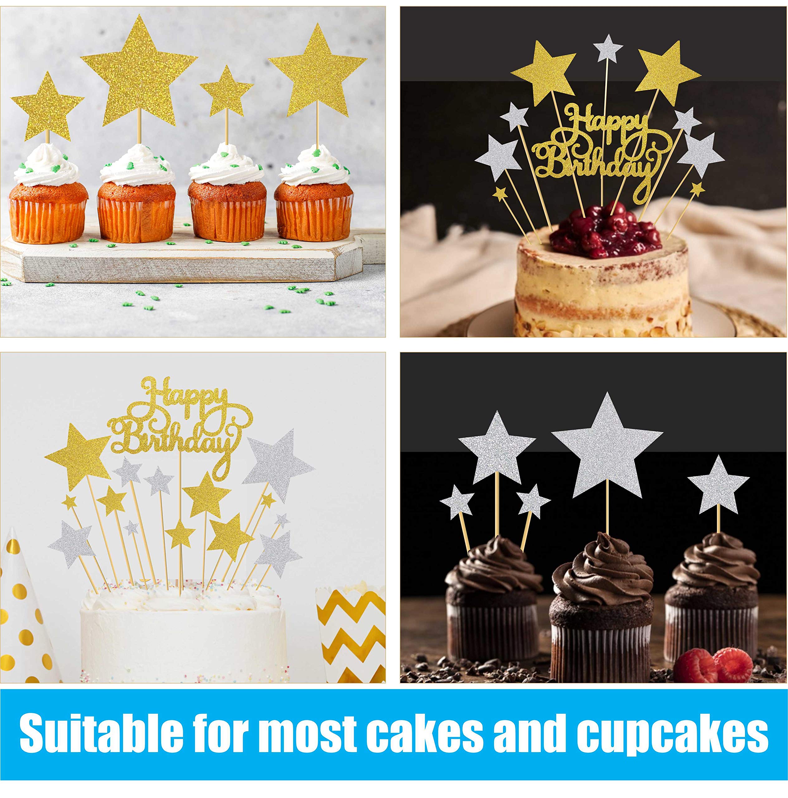 SVM CRAFT® Happy Birthday Cake Topper 15 Pcs with Golden Silver Glitter and Stars Cupcake Toppers for Kids Boy's Girls Adults 30th, 40th, 50th,60th Birthday Decorations Items/Cake Accessories 3