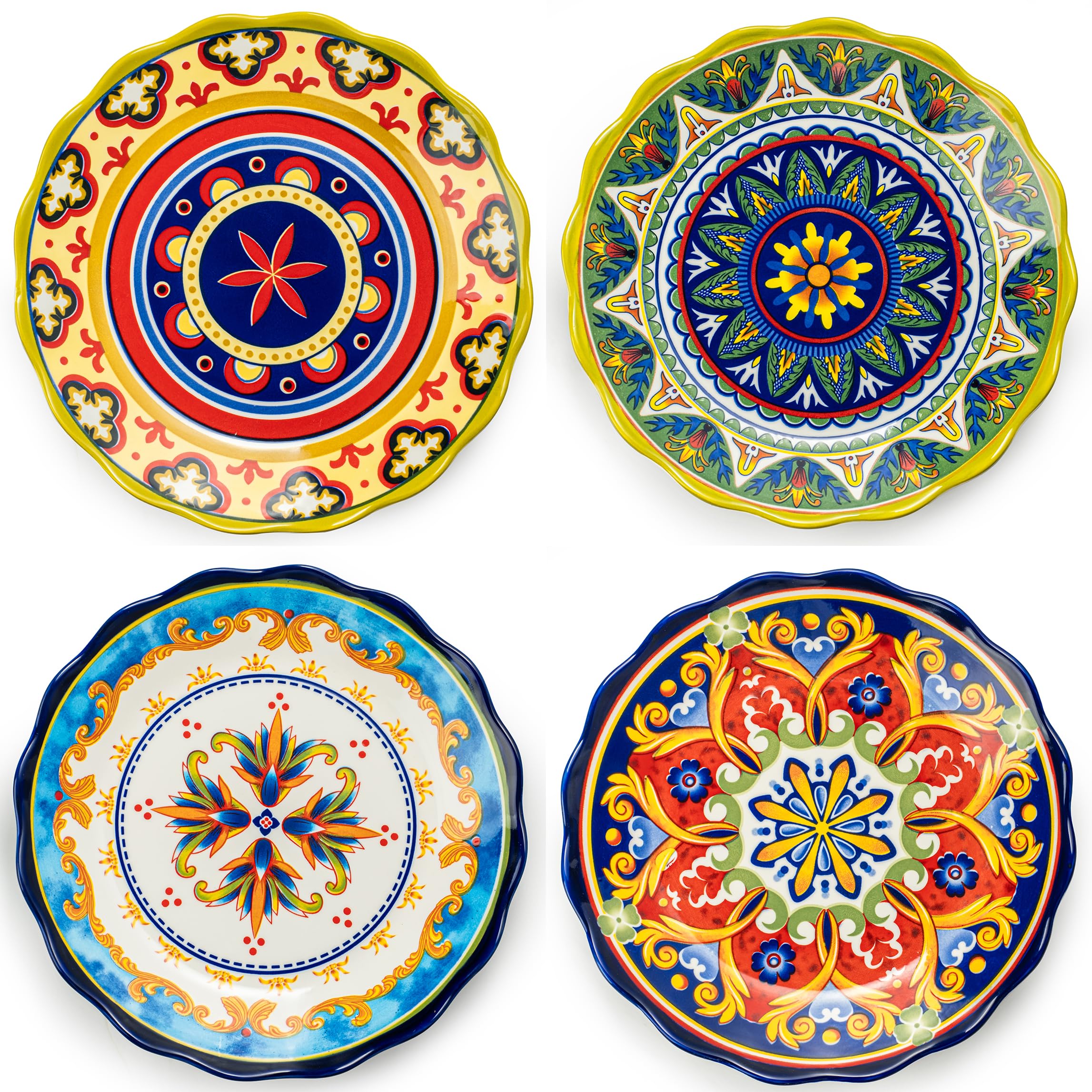 Ceramic Dinner Plate Set of 4, 10.5 Inch Porcelain Pasta Plates Set– Serving Dishes for Salad, Steak, Colorful Boho Decoration, Microwave & Dishwasher Safe