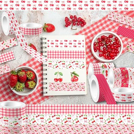 12 Rolls Pink Cherry Bow Washi Tape Set, Sweet Coquette Bowknot Plaid Pattern Decorative Masking Tapes for Scrapbook, Journaling, Planner, DIY Art Crafts, Gift Wrapping, Card Making, Girls Birthday