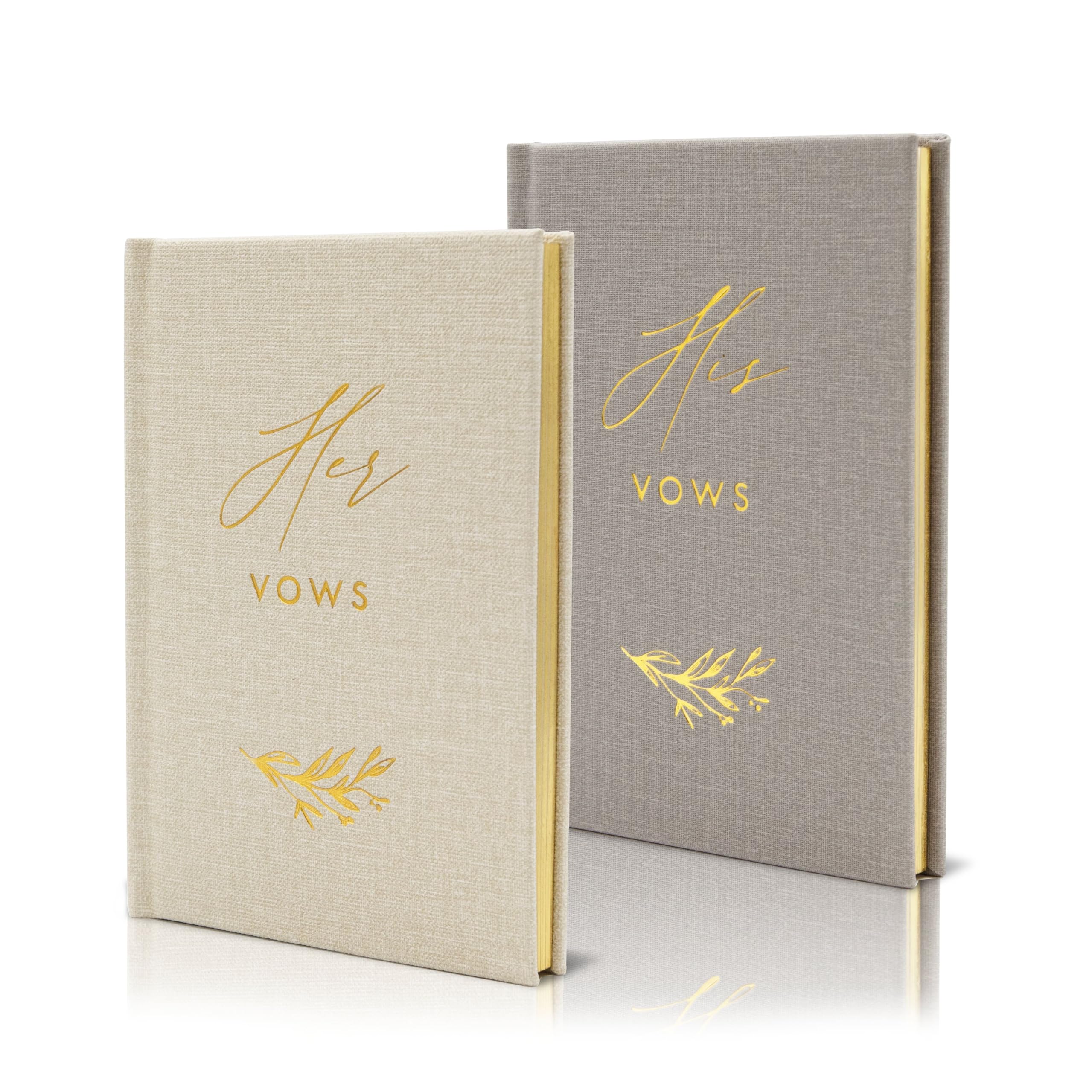 His and Her Vow Books (Set of 2) - Grey & Ivory Hard Cover Gold Embossed Notebook Journal Diary for Nuptial Wedding Cerenomy Vow Renewal / Engagement Gift for Newly Engaged Couples at Bridal Shower