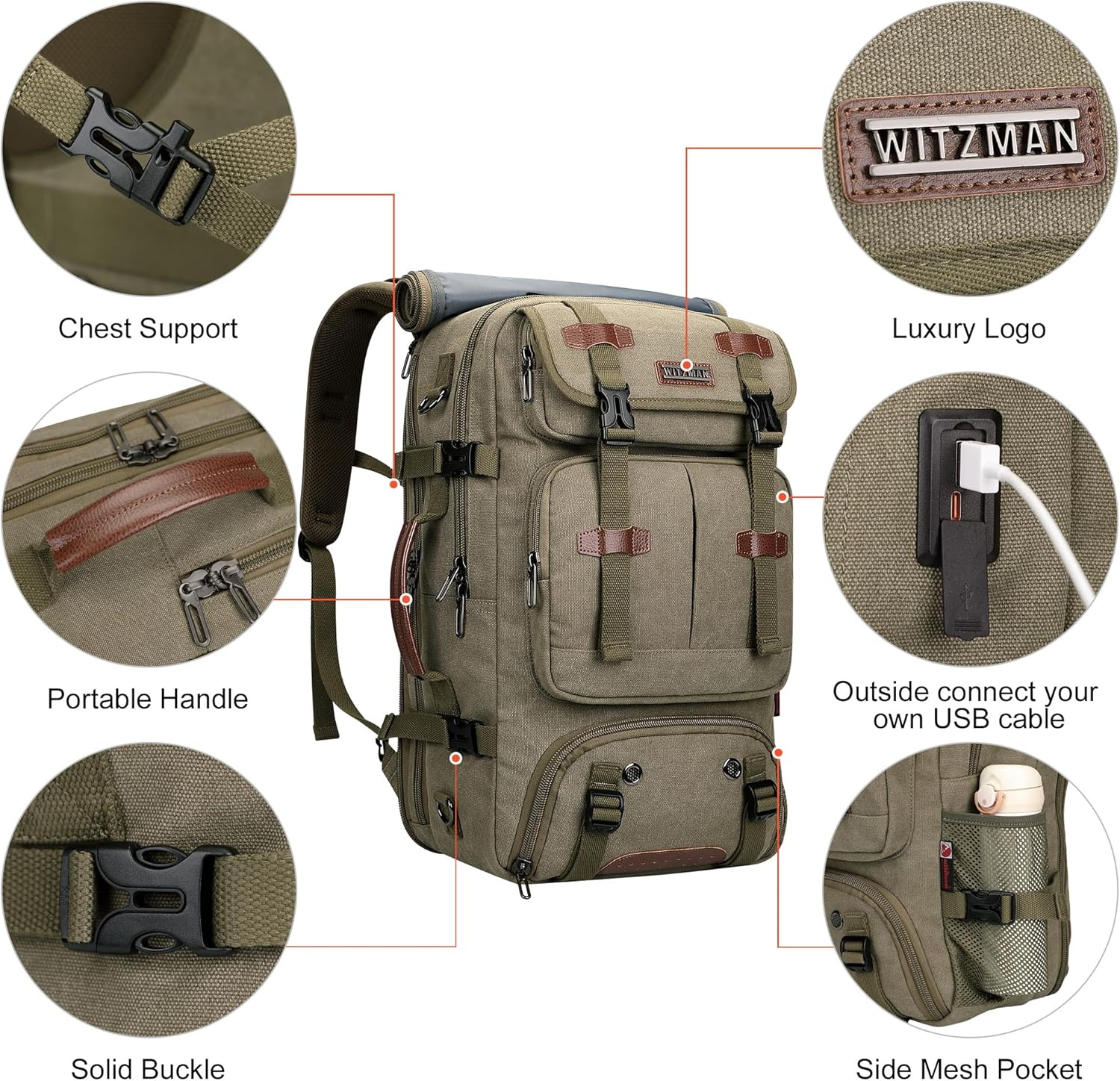 WITZMAN Travel Backpack for Men 40L Large Carry-on Airline Approved Convertible 3 in 1 laptop Bags Fit 17 inch(A8013 Army Green) - Image 9