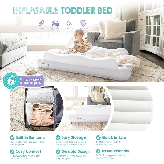 Regalo Inflatable Toddler Travel Bed with Safety Rail Bumpers, Portable Toddler Air Mattress with Pump & Carry Bag, Foldable Kids Bed for Travel, Camping & Sleepovers, Ages 25
