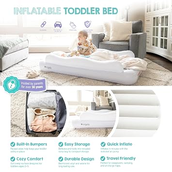 Regalo Inflatable Toddler Travel Bed with Safety Rail Bumpers, Portable Toddler Air Mattress with Pump & Carry Bag, Foldable Kids Bed for Travel, Camping & Sleepovers, Ages 25