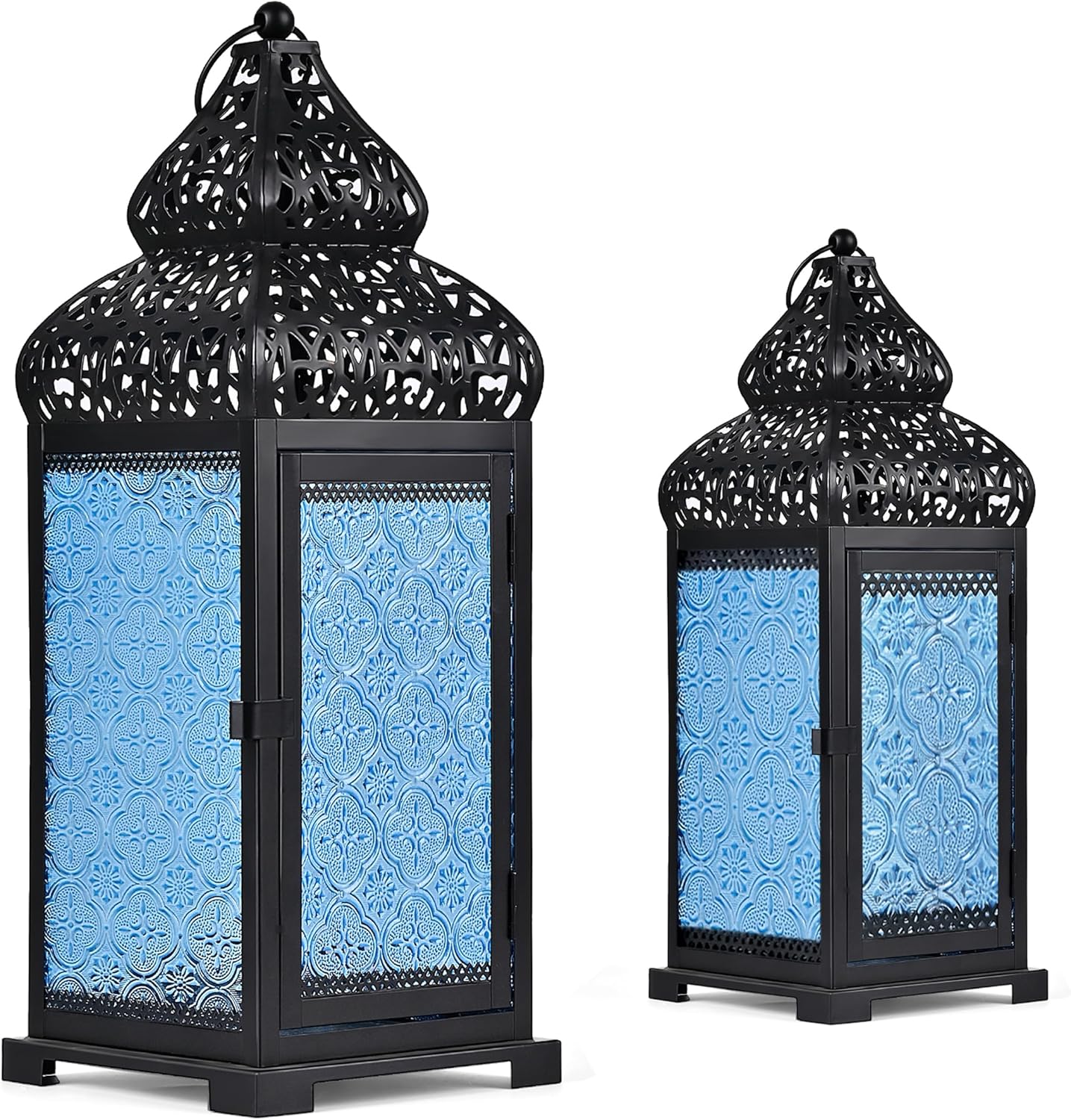 CVHOMEDECO. Decorative Candle Lantern Moroccan Lanterns Rustic Black Metal Lantern Holder for Home Patio Outdoor Decor. Blue Glass, Set of 2