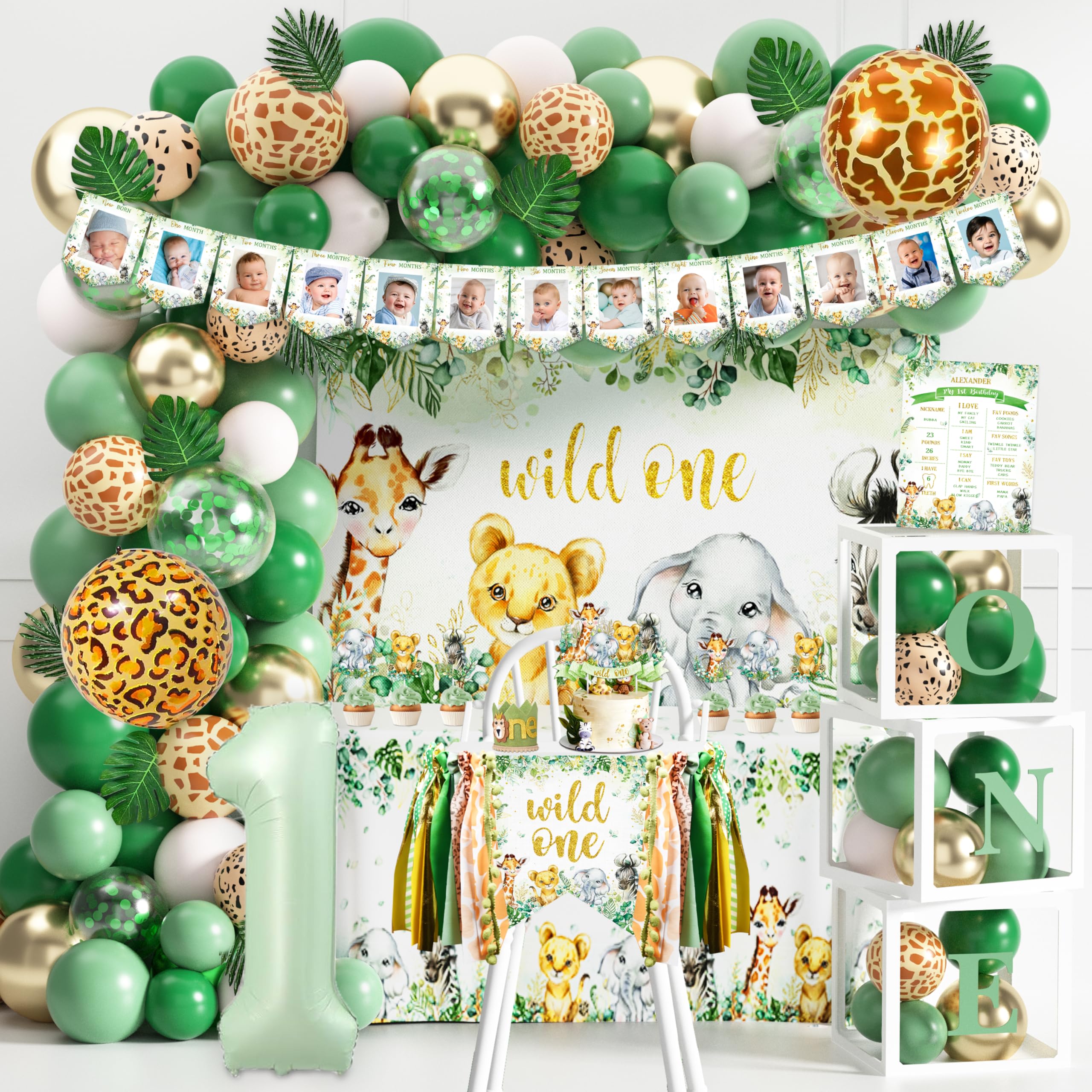 Wild One Birthday Decoration Safari Jungle Theme First Birthday Decoration for Boy Girl One Year Old Birthday Party Supplies Wild One Backdrop Safari Tablecloth Sage Green Balloon Arch Balloon Blocks